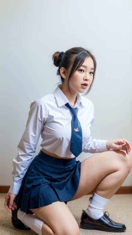 Thai, ponytail, white collared shirt, Long sleeve shirt, necktie, pleated skirt, dark blue skirt, white socks, black loafers, Thighs look good, squatting down with spread leg open to side, showing her panties, white panties, panties shot