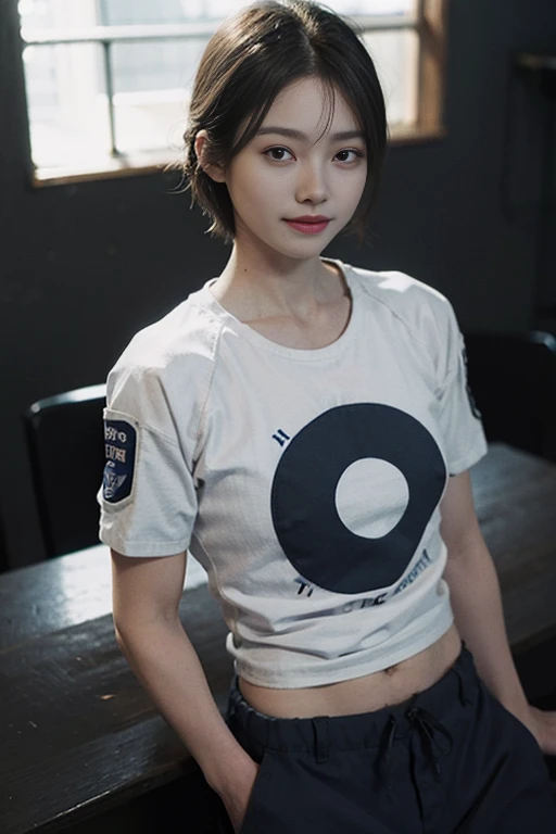 1 man, smile, (Wearing a white and navy blue, round neck, short sleeve football shirt.), Navy Cargo Pants, Young Korean , Korean Men, (High shadow detail), Pectoral muscles, Big arm muscles, blood vessel, Big muscles, Wide shoulders, looking at the audience, balance eyes, (eye contact), stadium, football