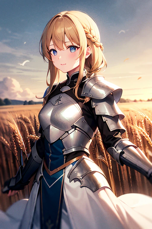 White clothes with blue trim、Blonde、blue eyes、Braided Hair、Hair in braids、Fair skin、The background is a wheat field、Shining wheat field、Daytime、Far and high sky、Hand guard、armor、long hair、