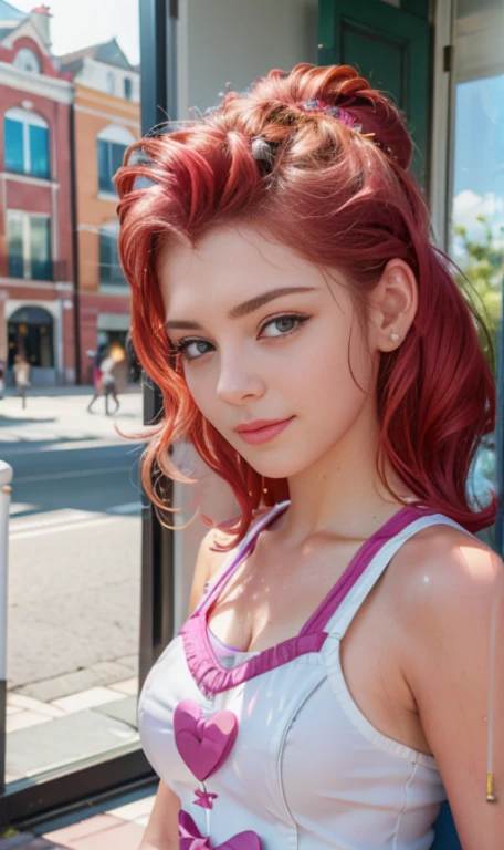 Photo oF a 18 year-old American girl, .CRUDO, beautiFul woman, ((Cara detallada:1.2)), ((Detailed Facial Features)), (Piel Finamente detallada), pale skin , pecas en mejillas , ojos azules , Small nose, 、un sexy(color fresco), wet, wet, ReFlectoreasutepiece) (proporciones perFectaotos realistas)(La mejor calidad) (Detallado) FotograFiado con una EOS R5 de Canon, lente de 50 mm, F/2.8, NFFSW, (8K) (papel tapiz) (cinematic lighting) (dramatic lighting) (sharp Focus) (Enrevesado) senos grandes , pechos grandes ,cuerpo completo , hermoso cuerpo de adolesente ,lindo maquillaje , gran sonrisa ,Fondo variado , cabello rosa esponjoso , pelo rosa esponjoso , mlp , pinkie pie , Equestria girls , outfit elegante