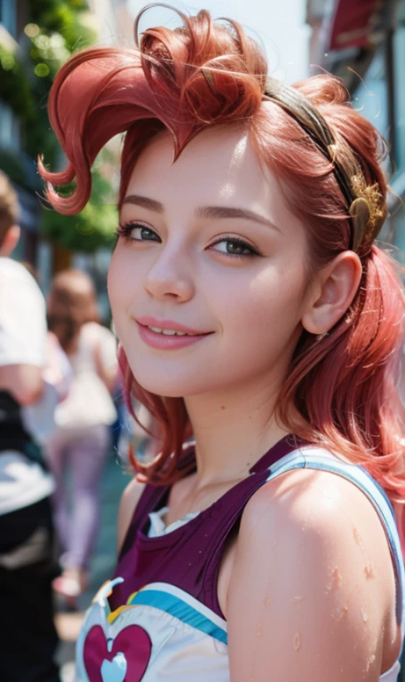 Photo oF a 18 year-old American girl, .CRUDO, beautiFul woman, ((Cara detallada:1.2)), ((Detailed Facial Features)), (Piel Finamente detallada), pale skin , pecas en mejillas , ojos azules , Small nose, 、un sexy(color fresco), wet, wet, ReFlectoreasutepiece) (proporciones perFectaotos realistas)(La mejor calidad) (Detallado) FotograFiado con una EOS R5 de Canon, lente de 50 mm, F/2.8, NFFSW, (8K) (papel tapiz) (cinematic lighting) (dramatic lighting) (sharp Focus) (Enrevesado) senos grandes , pechos grandes ,cuerpo completo , hermoso cuerpo de adolesente ,lindo maquillaje , gran sonrisa ,Fondo variado , cabello rosa esponjoso , pelo rosa esponjoso , mlp , pinkie pie , Equestria girls , outfit elegante