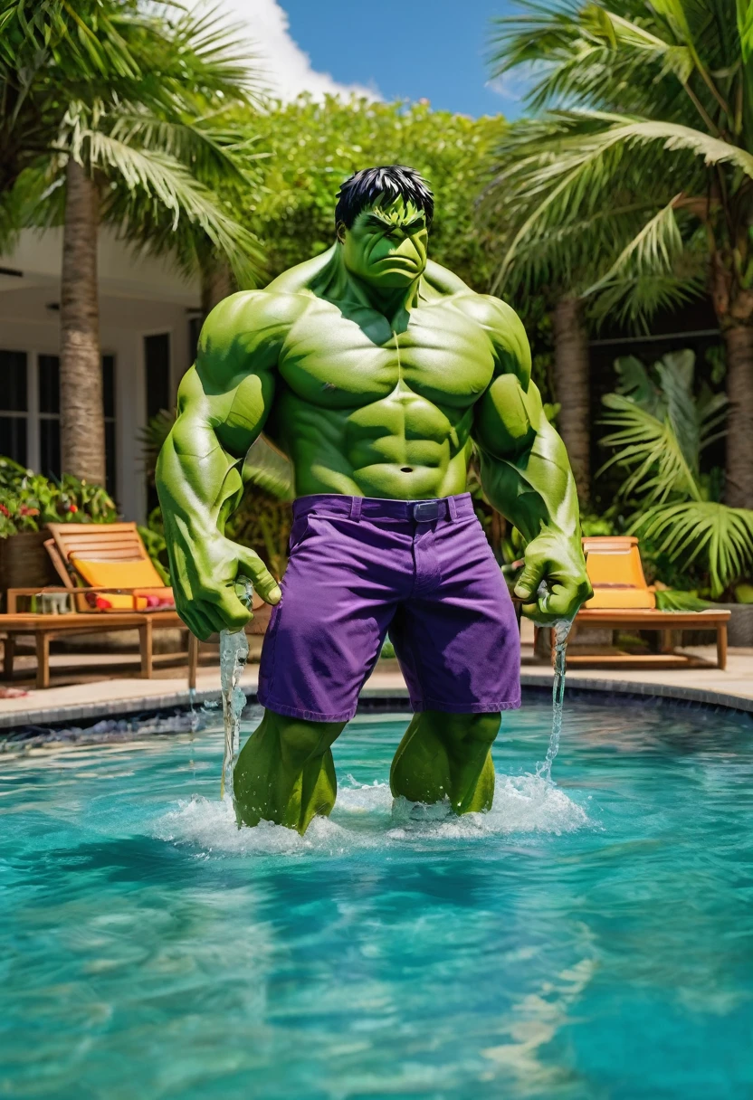 (marvel's incredible hulk,tropical drinks:1.1,bermuda trunks) in a (pool,relaxing:1.1,floating:1.1) (best quality:1.2) with (vivid colors,sharp focus:1.1).