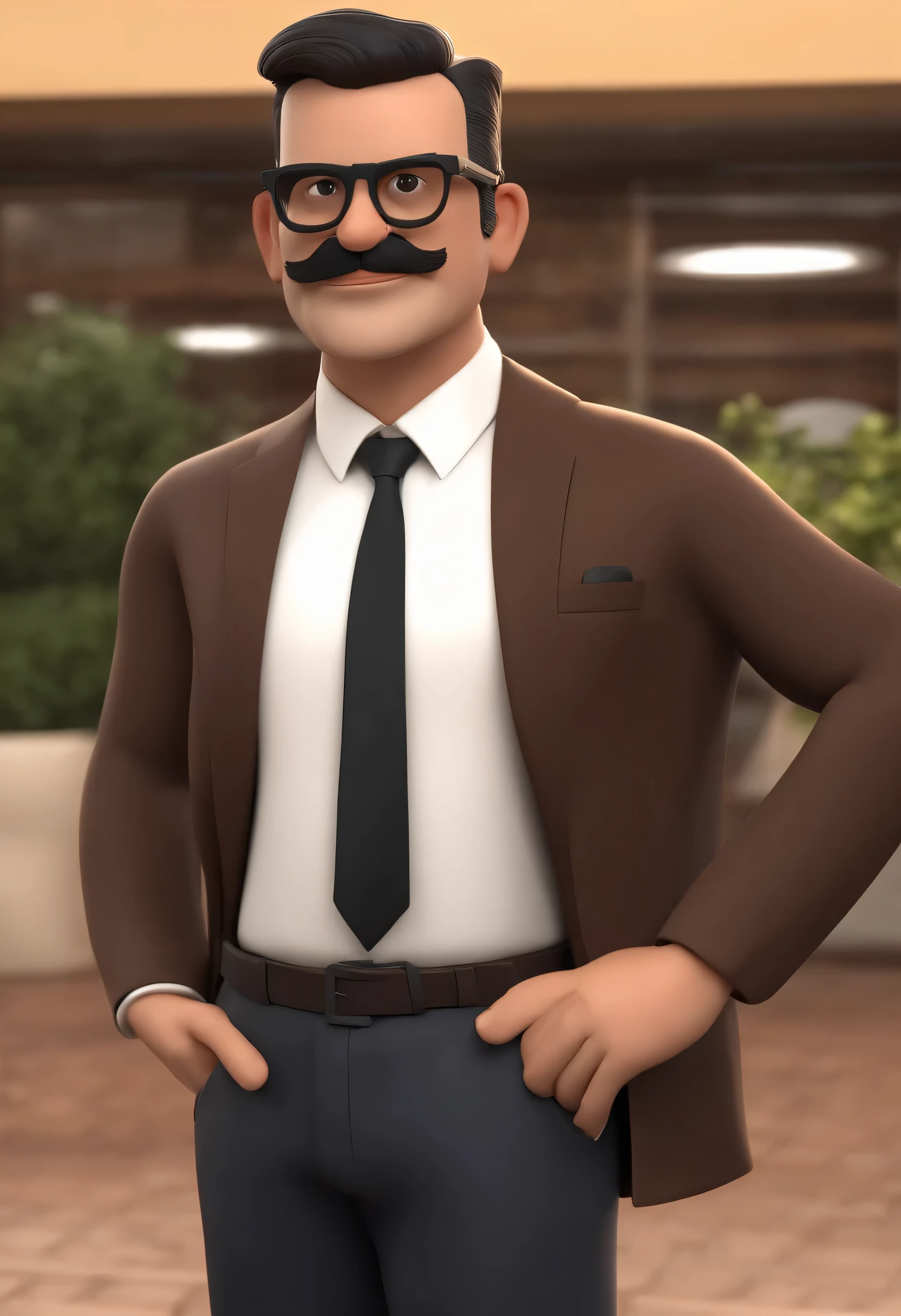 Personaje de dibujos animados de un hombre con gafas negras rectangulares, traje negro, 47 years old short hair, Con barba y bigote fino.. Biblia de ojos marrones en mano..  droopy eyes, thin lips animation character, personaje estilizado, animation style rendering, 3D estilizado, Arnold Maya renderizado, Render 3D estilizado, Toon render keyshot, Personaje 3D, Personaje 3D, Stylized 3D rendering, renderizado de personajes 3d, personaje animado, Close-up character, Pose del personaje,  (Estilo Pixar) (parte maestra:1.2) (bokeh) (mejor calidad) (piel detallada) (textura detallada) (8k) (arcilla) (cinematic lighting) (Sharp focus
