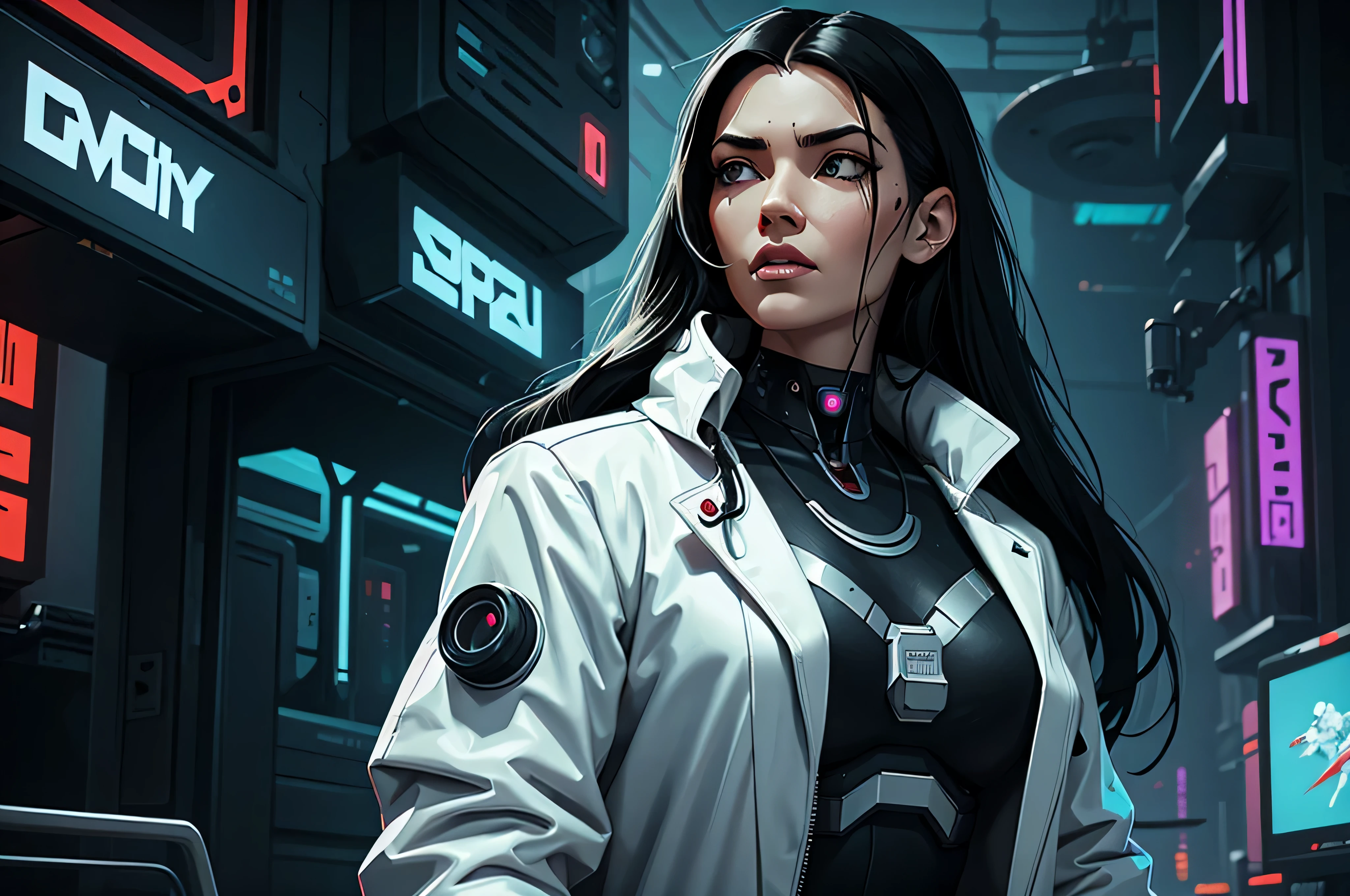 a cyborg woman with long black hair and a white doctor's coat (digital art, cyberpunk art, RPG art)