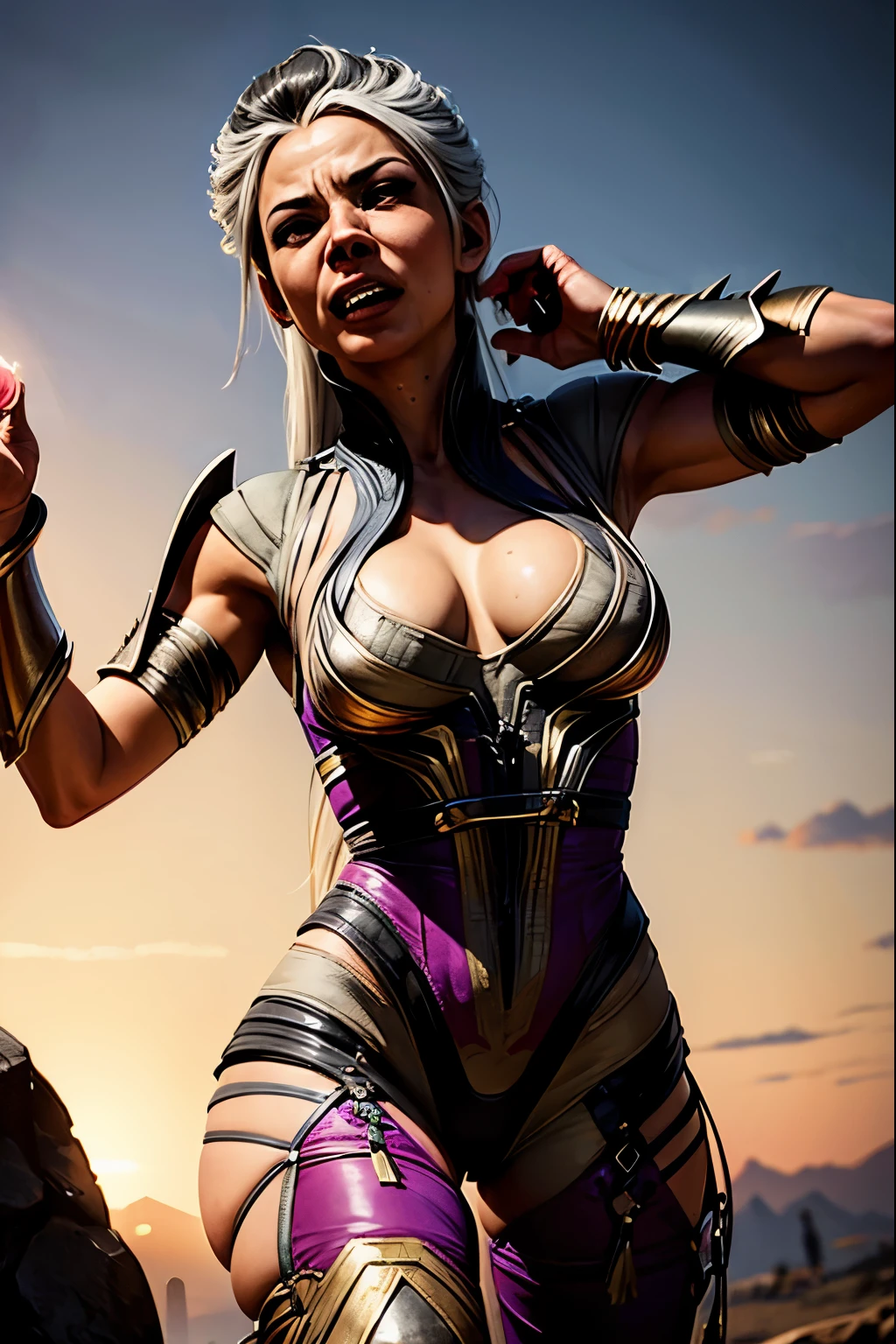Sindel, mortal Kombat, (artwork), (artwork), (amazing work), (detailed eyes), (delicate skin), (fine eyes), (1 girl) artwork, best quality, Best Desinger, Best illustration, 1 boy, 1 girl, bouncing breasts, clenched teeth, light human skin, light skinned woman, light skinned man, looking up, partially clothed man, red pussy hair, heterosexual, vaginal penetration, waist grabbing