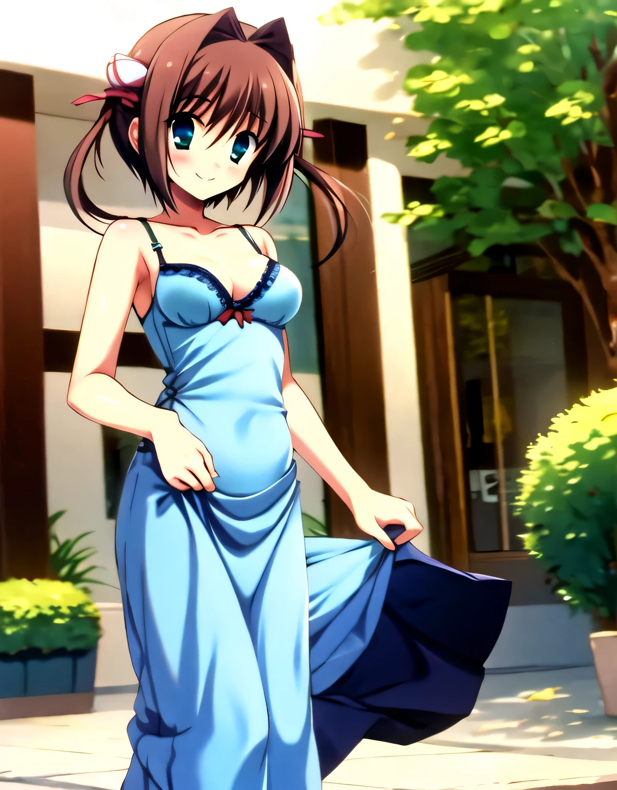 asakura_yume,Brown Hair,Medium Chest,Aqua Eye,White skin,In town,((Are standing)),smile,((breast enhancement)),(((Navy Blue_Camisole long dress_Lap above))),((valley)),No bra,smile,