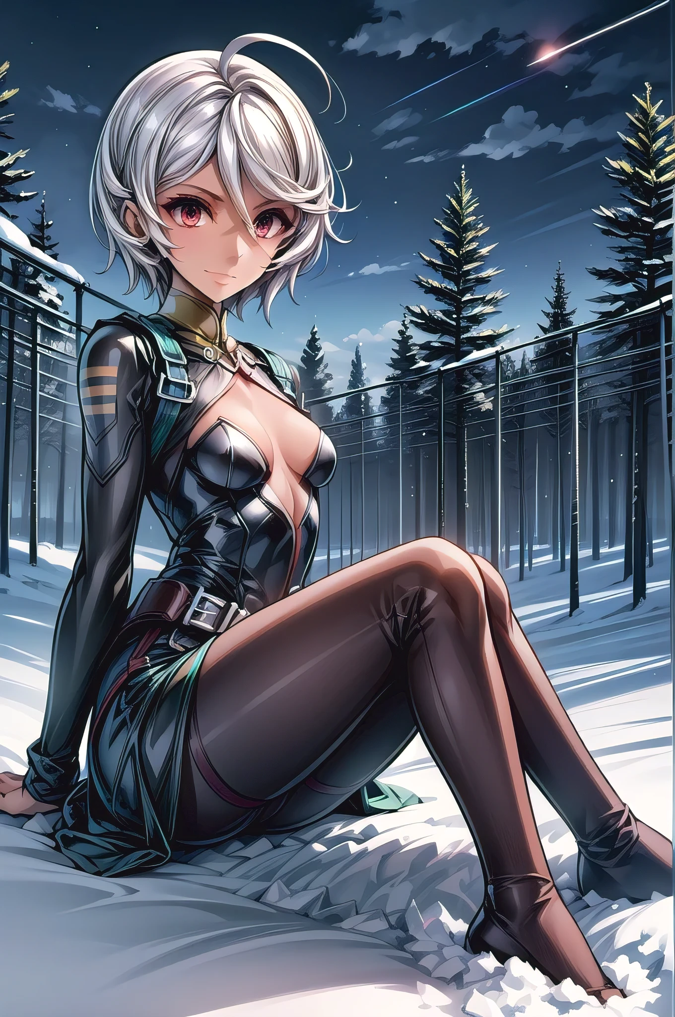 (masterpiece, best quality:1.2), solo, 1girl, yamamoto akira, dark skin, expressionless, looking at viewer, ahoge, bodysuit, outer space, (dynamic pose:1.0),happy,smile,(centered,scale to fit dimensions,Rule of thirds), ((snowy pine forest at night)), with dark stormy clouds,winter,scenery:1.25,((snow forest background)),Christmas tree, highres,sharp focus,(ultra detailed,extremely detailed),(((vibrant colors,vibrant theme))),(intricate),(masterpiece),(best quality), sitting