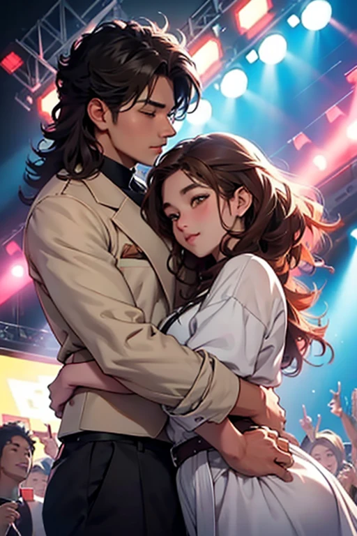 create a romance book cover with a white Asian man hugging a brown woman with curly hair on a kpop concert stage with many people behind
