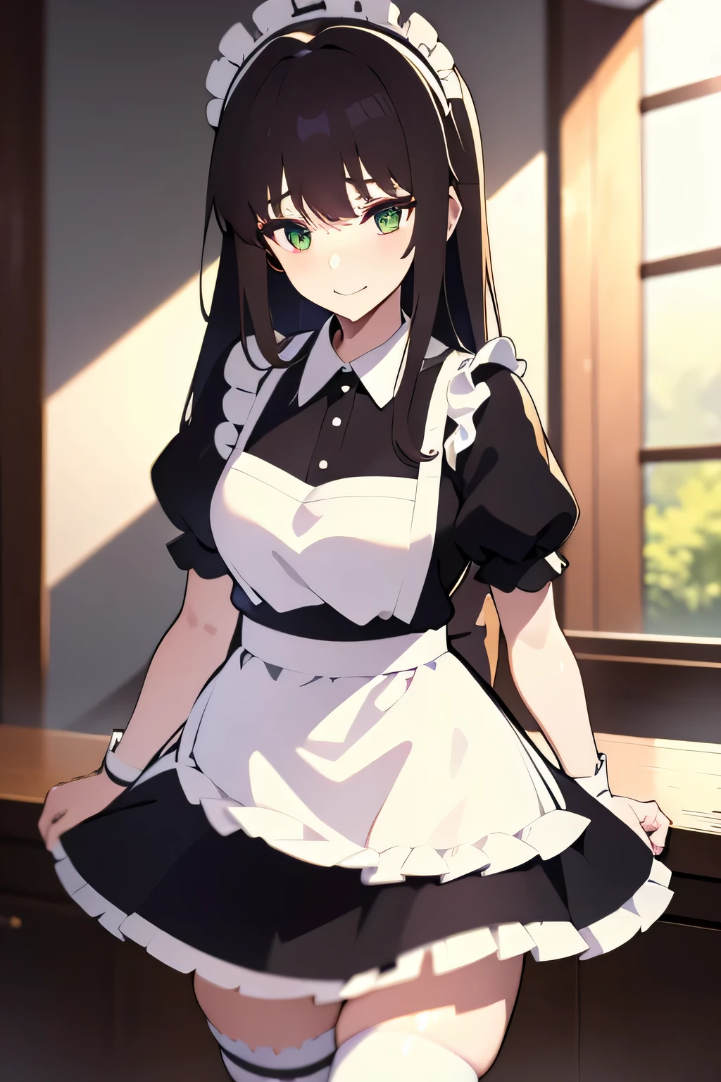 shouhou \(kancolle\), 1girl, enmaided, solo, maid, apron, thighhighs, alternate costume, white thighhighs, ahoge, white apron, maid headdress, black dress, dress, frilled apron, frills, maid apron, white panties, panties, wrist cuffs, underwear, looking at viewer, two-tone background, low-tied long hair, cowboy shot, standing, puffy sleeves, original, intricate detail, illustration, masterpiece, extremely detailed CG unity 8k wallpaper, highlight, sharpening, dynamic, 