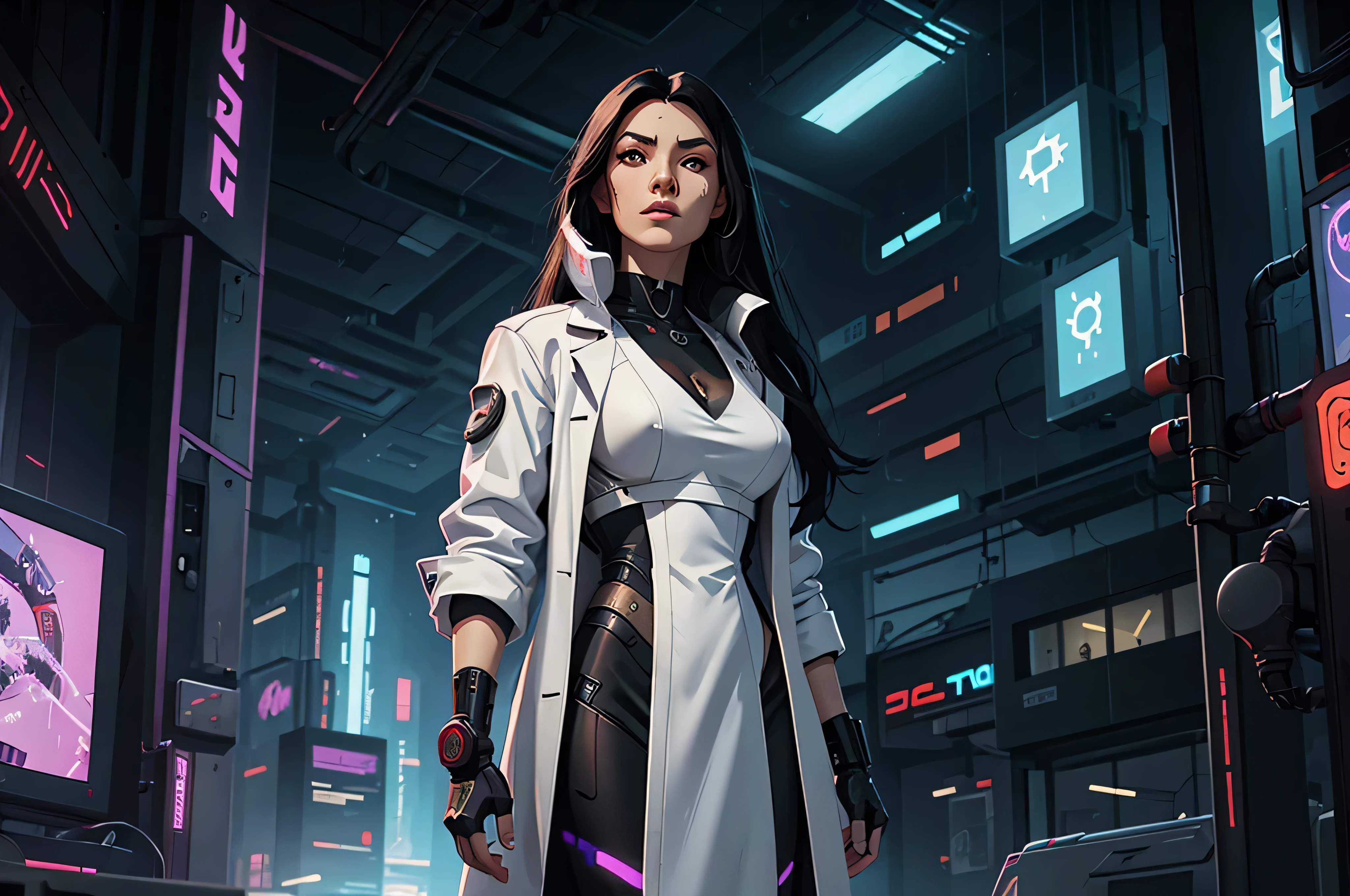 a cyborg woman with long black hair and a white doctor's coat (digital art, cyberpunk art, RPG art)

