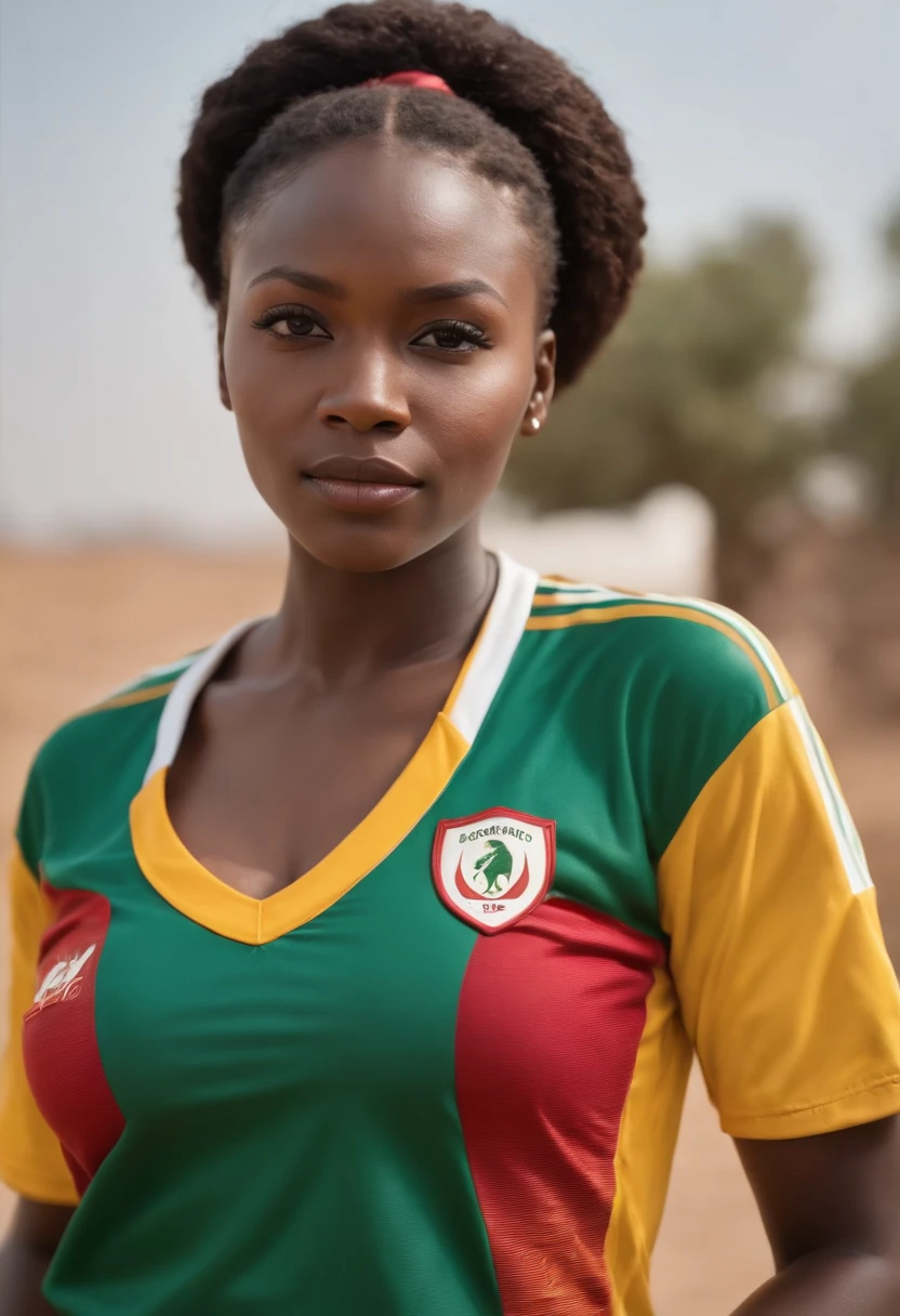 African woman, well-built and thick, sexy, light complexion, standing, wearing a Senegal football jersey, (best quality, 4k, highres, masterpiece:1.2), ultra-detailed, (realistic, photorealistic:1.37), vibrant colors, dramatic lighting, portraits, African landscape, strong facial features, confident expression, sunlit background, African-inspired motifs, sharp focus.