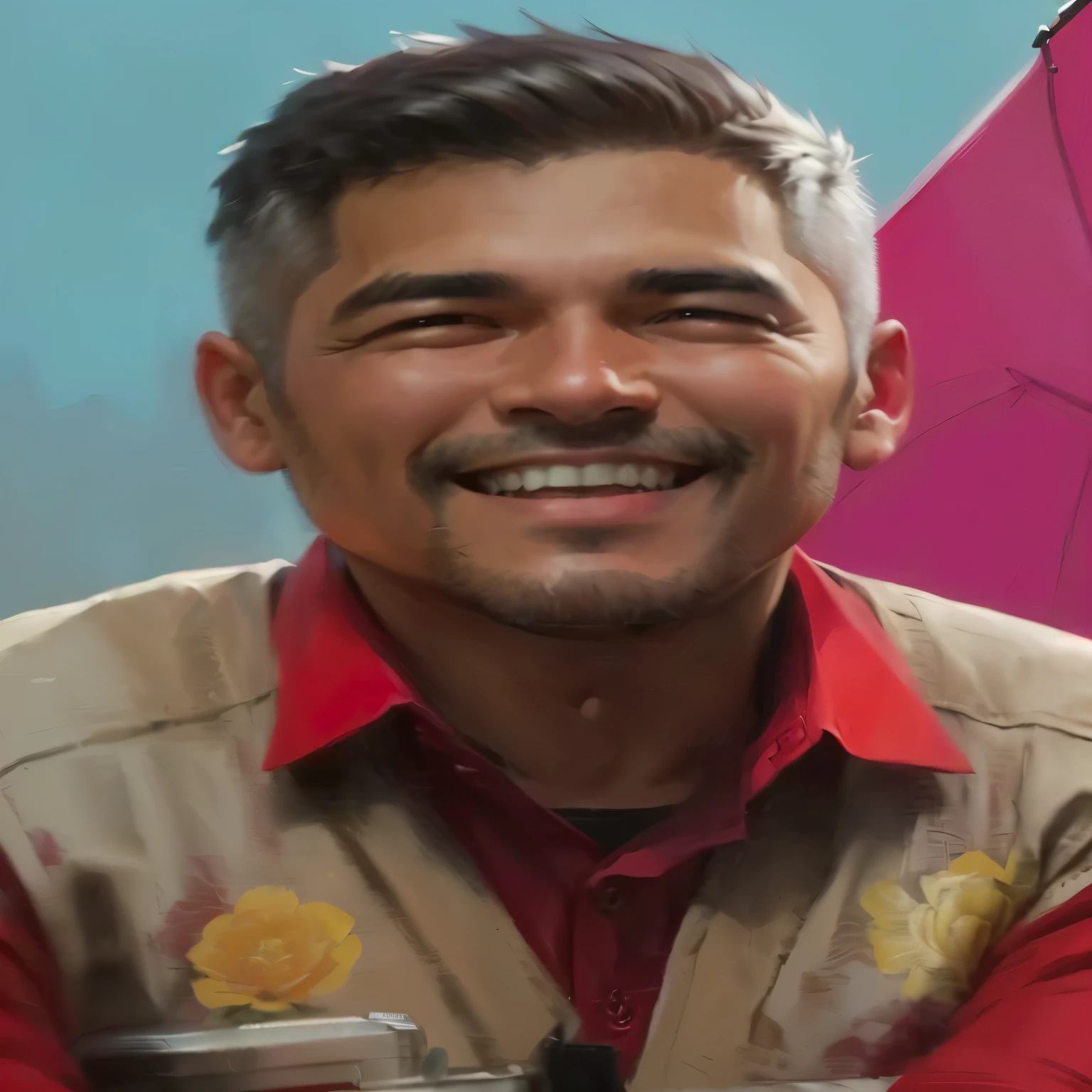 smiling man in red shirt and brown vest sitting in front of a pink umbrella, henry ascensio, john jude palencar, victor maristane, ramil sunga, edward rucha, carmelo blandino, mohamed chahin, jose miguel roman frances, carlos ortega elizalde, salustiano garcia cruz, juan diaz canales, heraldo ortega