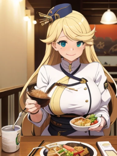 （1 female:1.1），(masterpiece，highest quality，Drawing Boundary Depth，Anatomically correct,Accurate depiction,High resolution:1.2),anime，(Light_Elena,Blonde,Green Eyes,blonde, Very large breasts:1.2),(restaurant, Eating a tonkatsu set meal, Holding chopsticks, Enchanted face, smile、Sitting, Gazing at the audience, Facing the audience, Front view:1.4)