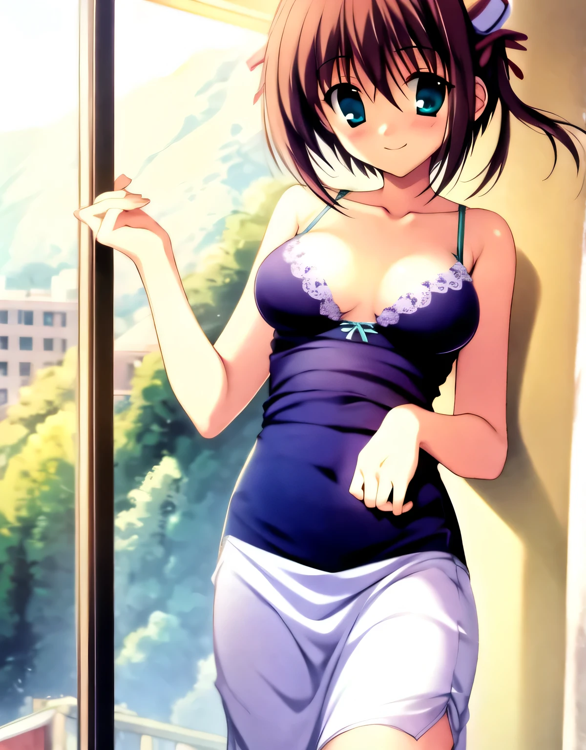 asakura_yume,Brown Hair,Medium Chest,Aqua Eye,White skin,In town,((Are standing)),smile,((breast enhancement)),(((Navy Blue_Camisole mid-length dress_Lap above))),((valley)),No bra,smile,