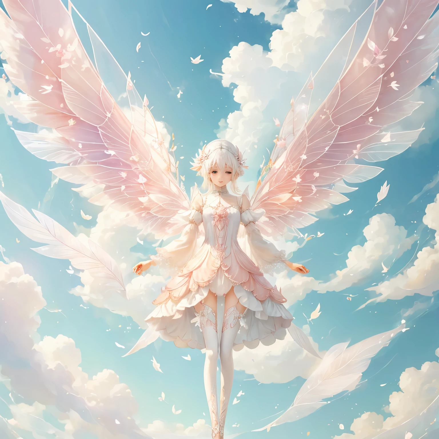 White-haired fairy in pink transparent clothes、on the sky，livestock，long legs，Symmetrical wings,magic（（（petals flying all over the ground）））（（pastel tones））（best quality））， （（intricate details））， （（Surrealism））（8k）