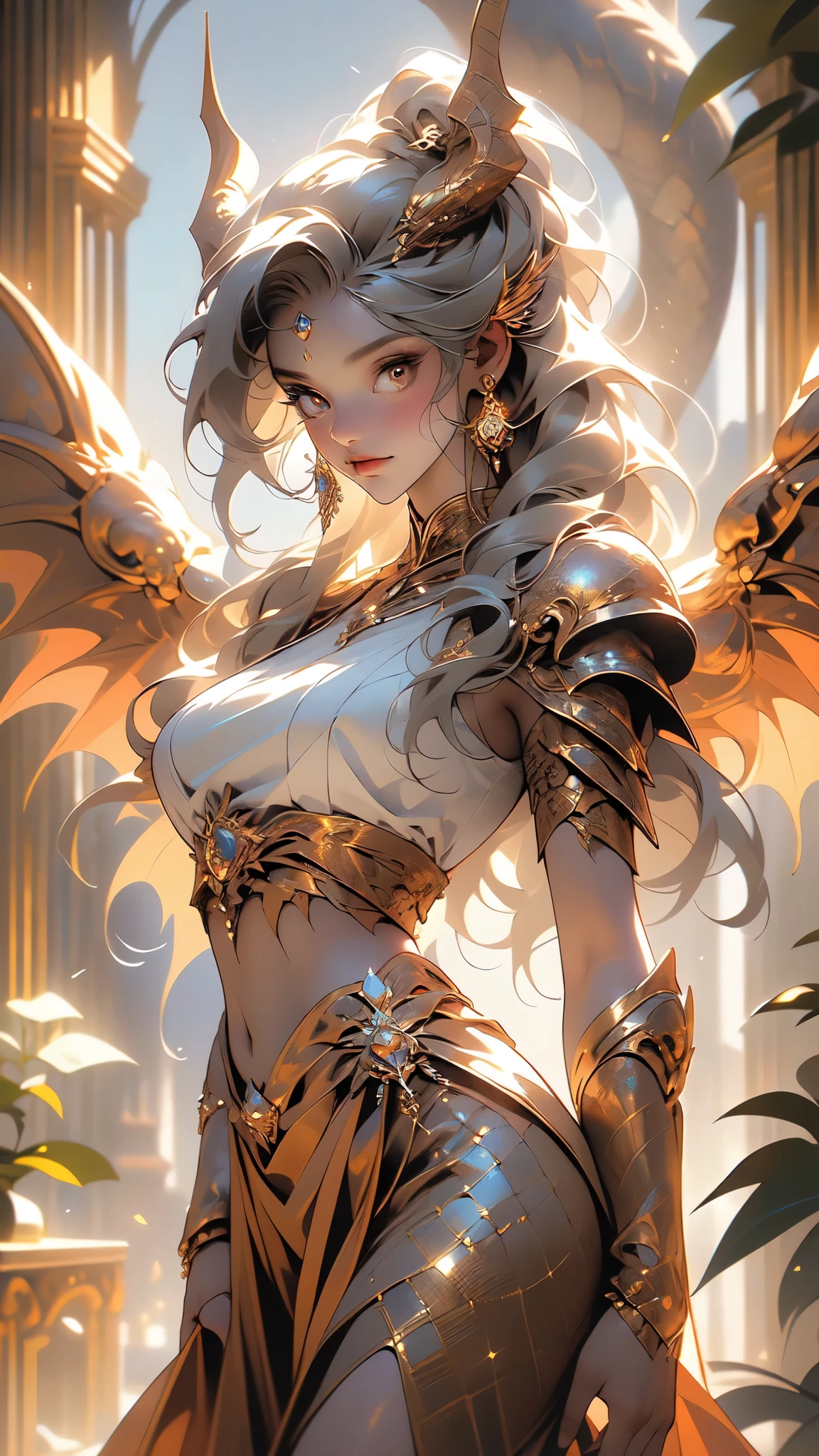 (La mejor calidad,A high resolution,Ultra - detallado,actual),Ariana Grande Standing among the mountain peaks, noche, demonio, An imposing woman with golden skin and amber eyes., elegante y peligroso. ella luce cuernos,( orejas largas y puntiagudas:1.4) , y lleva una (armadura de bronce:1.4), (con una ropa interior blanca:1.4) , (Ethereal dragon wings:1.4) , llamas ambarinas ardientes, (Obra maestra: 1.4), (8K, realista, foto cruda, La mejor calidad: 1.4),,(Fondo de ruinas de mazmorra en ruinas:1.4 ), (colores brillantes),(dedos perfectas detailed : 1.4)