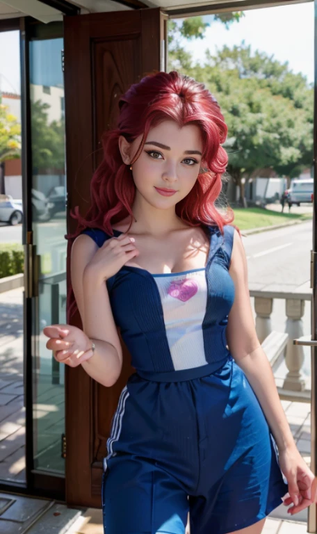 Photo oF a 18 year-old American girl, .CRUDO, beautiFul woman, ((Cara detallada:1.2)), ((Detailed Facial Features)), (Piel Finamente detallada), pale skin , pecas en mejillas , ojos azules , Small nose, 、un sexy(color fresco), wet, wet, ReFlectoreasutepiece) (proporciones perFectaotos realistas)(La mejor calidad) (Detallado) FotograFiado con una EOS R5 de Canon, lente de 50 mm, F/2.8, NFFSW, (8K) (papel tapiz) (cinematic lighting) (dramatic lighting) (sharp Focus) (Enrevesado) senos grandes , pechos grandes ,cuerpo completo , hermoso cuerpo de adolesente ,lindo maquillaje , gran sonrisa ,Fondo variado , cabello rosa esponjoso , pelo rosa esponjoso , mlp , pinkie pie , Equestria girls , outfit provocador