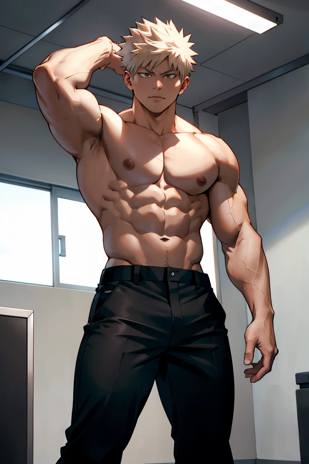 Katsuki Bakugo from Boku No Hero Academia, wearing black pants, bodybuilder, defined body, shirtless, abs, big legs, white empty room