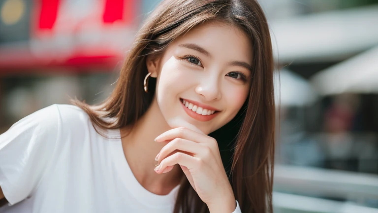 (Best quality, 8k, 32k, Masterpiece, UHD:1.2),Photo of Pretty Hongkong woman (detailed age 20), personality cheerful, 1 girl, pony hair (detailed hair color blond red 1.0), pov, (looking toward viewer 1.5), smile (detailed joyful 1.0), wear jean jacket with white t-shirt, (camera film kodak 400), posing erect ,confident, (detailed white loose t-shirt:1.5)