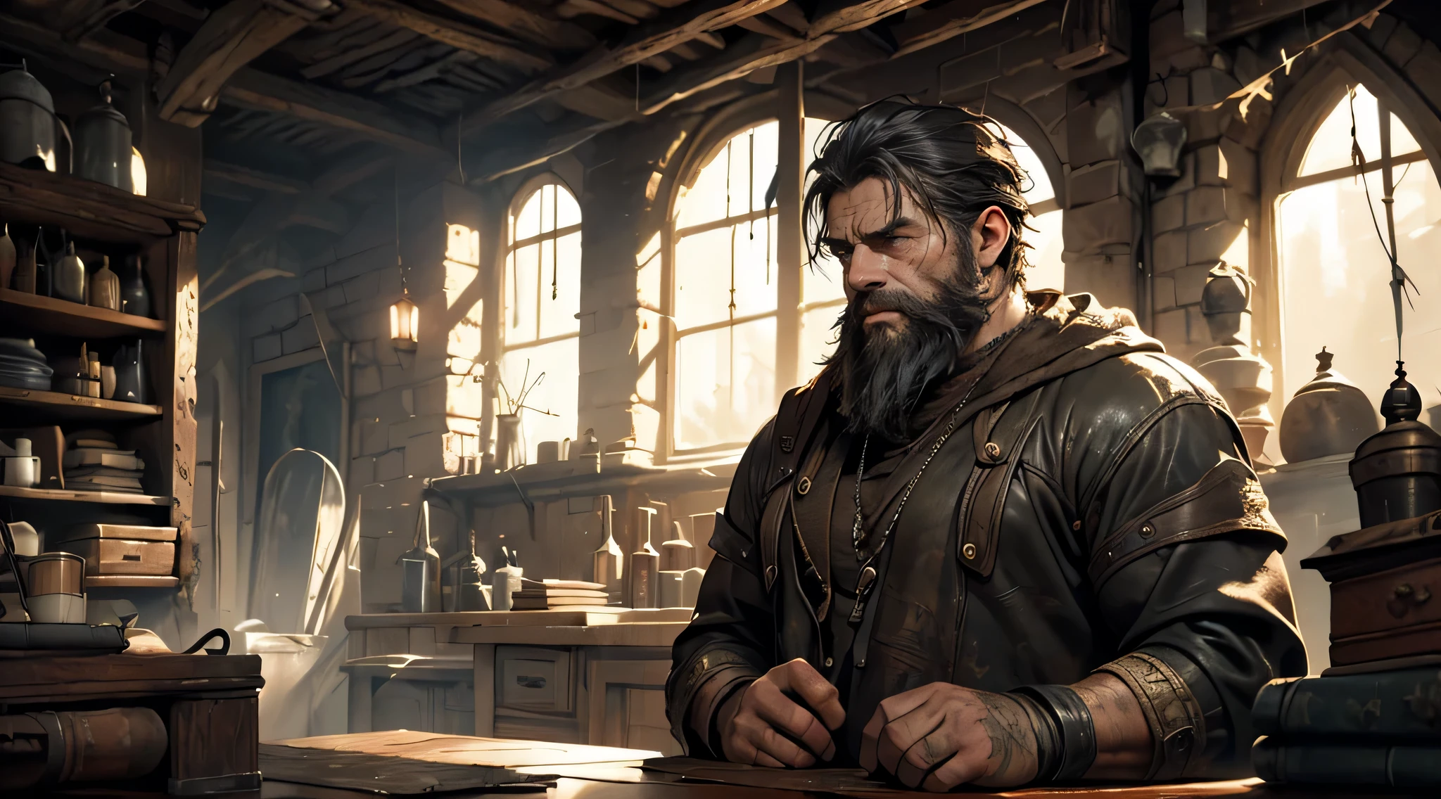 a)well-built dwarf with black short hair and beard,(gloomy,sad) face in the basement,fantasy theme, dusty and dimly lit basement with cobwebs, tone walls with cracks and moss growing on them, mysterious atmosphere,[dark and muted color palette],(moody lighting),fine detailed textures,highly detailed facial expression,heavy shadow and contrast, fantasy art style, rugged and worn-out clothing, damp and musty smell, aged and weathered furniture.