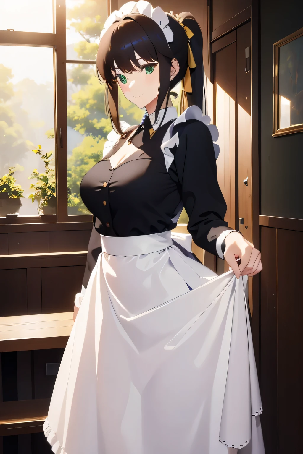 masterpiece,best quality,highres,ultra-detailed,musubi,ahoge,long hair,low ponytail,hair ribbon,large breasts,indoors,cafe,maid,maid headdress,apron,(skirt hold:1.2),standing,cowboy shot,smile,