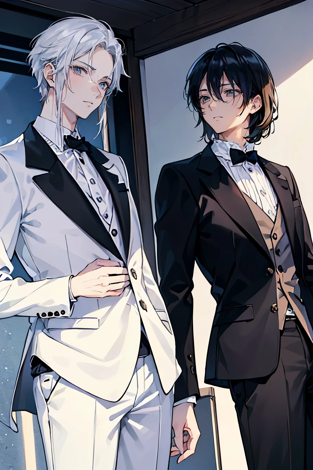 (Mastepiece), (Best Quality), Very detailed, ((Two friendly men)), Perfect Face, Beautiful Face, Very detailed顔,(Black Haired Man:1.3),(Man with white hair:1.3),suit,shirt