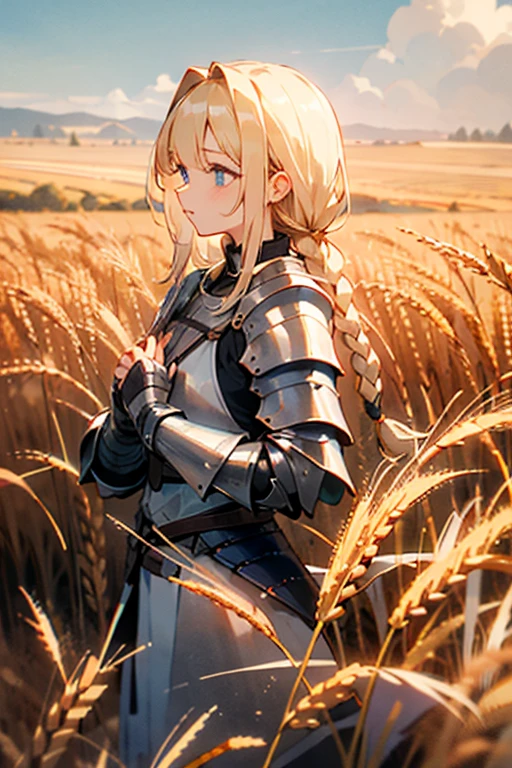 White clothes with blue trim、Blonde、blue eyes、Braided Hair、Hair in braids、Fair skin、The background is a wheat field、Shining wheat field、Daytime、Far and high sky、Hand guard、armor、long hair、