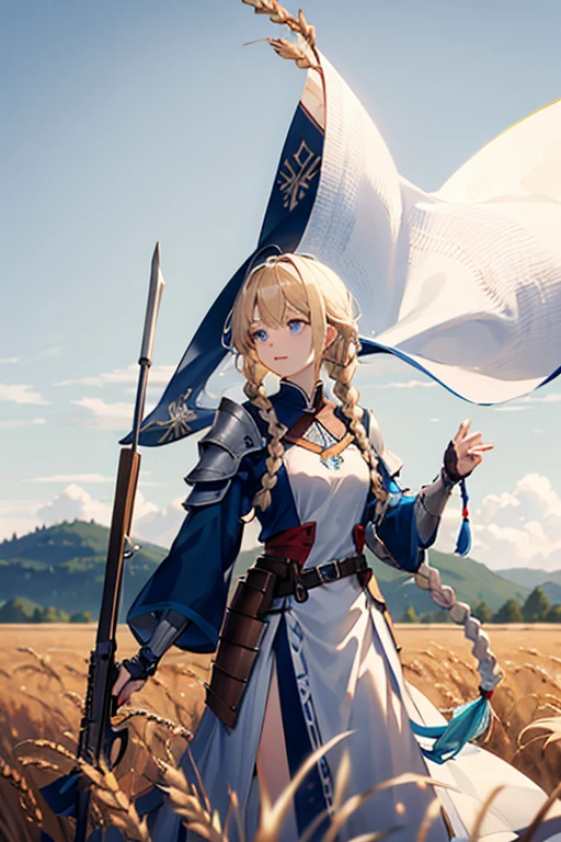 White clothes with blue trim、Blonde、blue eyes、Braided Hair、Hair in braids、Fair skin、The background is a wheat field、Shining wheat field、Daytime、Far and high sky、Hand guard、armor、long hair、