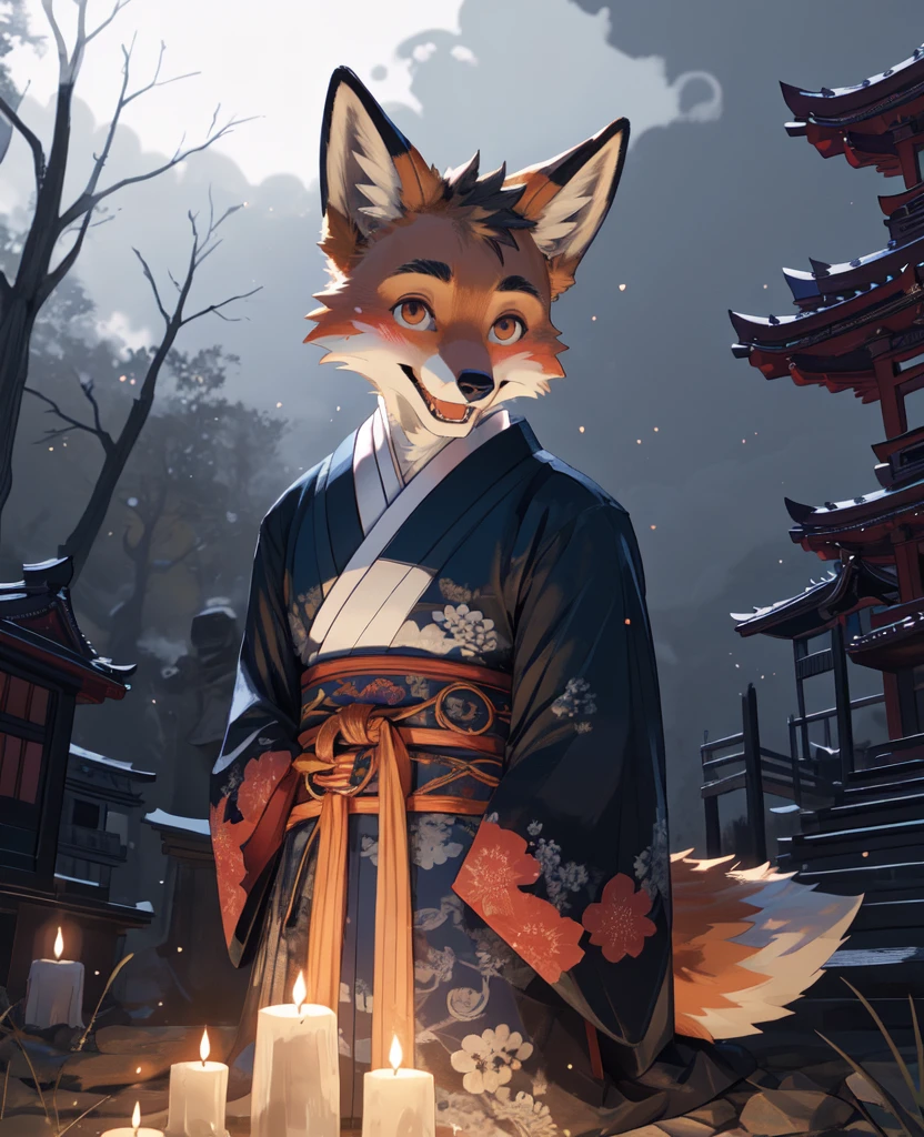 depth of field, perfect lighting, light particles,(best quality),(masterpiece),(ultra detailed),sharp focus,light particles, niji, detailed eyes, blush, brown_eyes, looking_at_viewer, smile, solo, furry, animal_ear_fluff, open_clothes, arms behind back, upper body, tail, kimono, japanese clothes, sunlight, tree, open mouth, from below, arms behind back, male, 1 boy,handsome,fox,priest, shinto, ritual, magic, nighttime, graveyard