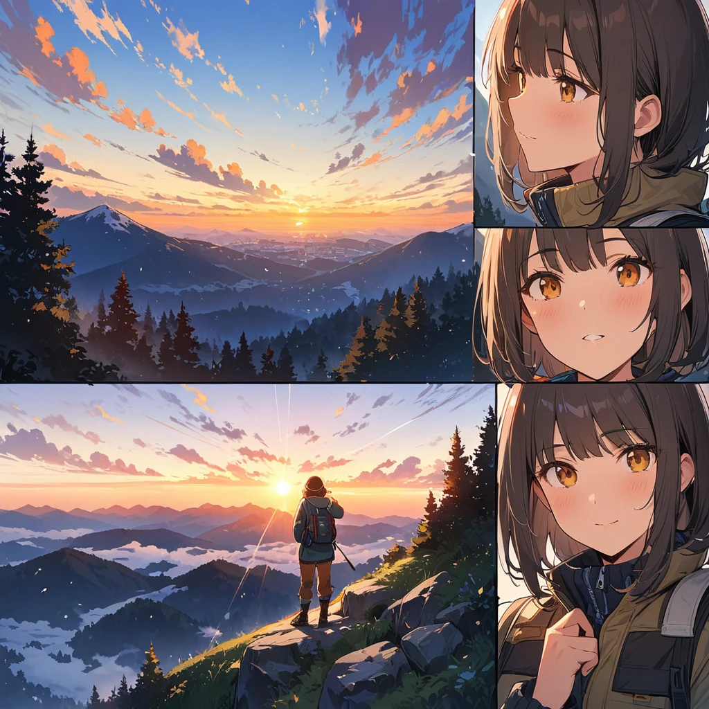 highest quality, masterpiece, Highly detailed background, Majestic Mountain々Back view of a girl climbing a hill, ((Winter climber style clothing)), A person stretching out in the sunlight shining through the mountaintop, Beautiful landscapes in earth tones, A hopeful view, Expressions that give viewers a gentle feeling, Focusing on the landscape、Make portrait smaller..