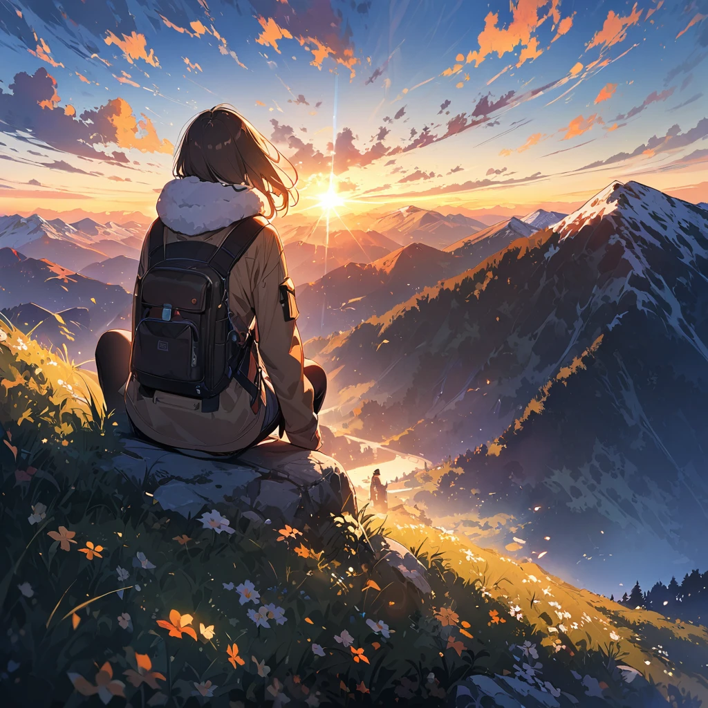 highest quality, masterpiece, Highly detailed background, Majestic Mountain々Back view of a girl climbing a hill, ((Winter climber style clothing)), A person stretching out in the sunlight shining through the mountaintop, Beautiful landscapes in earth tones, A hopeful view, Expressions that give viewers a gentle feeling, Focusing on the landscape、Make portrait smaller..