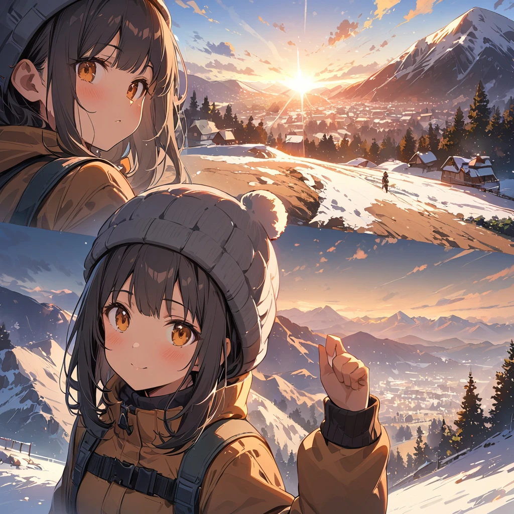 highest quality, masterpiece, Highly detailed background, Majestic Mountain々Back view of a girl climbing a hill, ((Winter climber style clothing)), A person stretching out in the sunlight shining through the mountaintop, Beautiful landscapes in earth tones, A hopeful view, Expressions that give viewers a gentle feeling, Focusing on the landscape、Make portrait smaller..