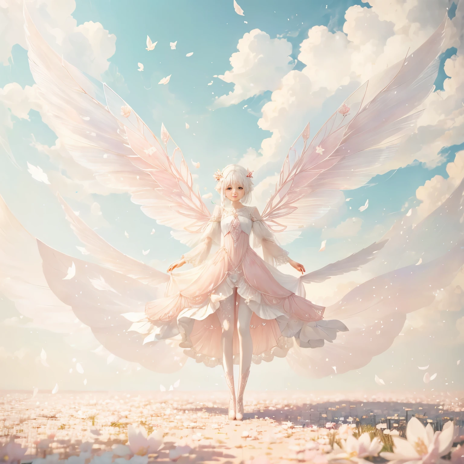 White-haired fairy in pink transparent clothes、on the sky，livestock，long legs，Symmetrical wings,magic（（（petals flying all over the ground）））（（pastel tones））（best quality））， （（intricate details））， （（Surrealism））（8k）