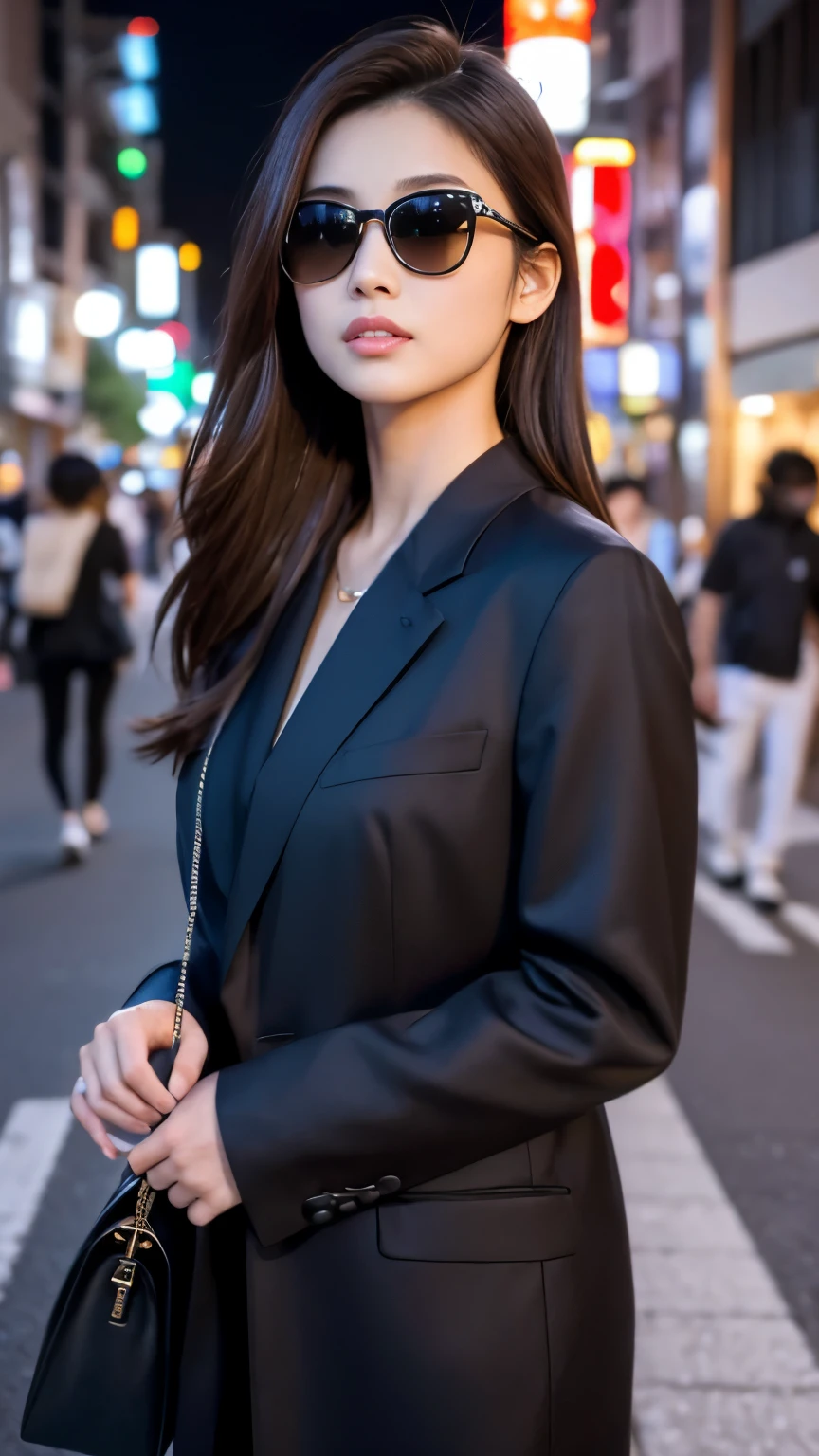 Best-quality, Masterpiece, Ultra-High-Resolution, (Photorealistic:1.4), Raw-Photo, 1girl, 18-years-old, the most famous Japanese actress, at midnight, walking at HIROSHIMA street, wearing extremely luxurious clothes and sunglasses with stylish-design, extremely beautiful face like the most popular Japanese actress, extremely beautiful hair, extremely beautiful lips, extremely beautiful skins, perfect proportion, detailed midnight, detailed HIROSHIMA-street, detailed luxurious-clothes