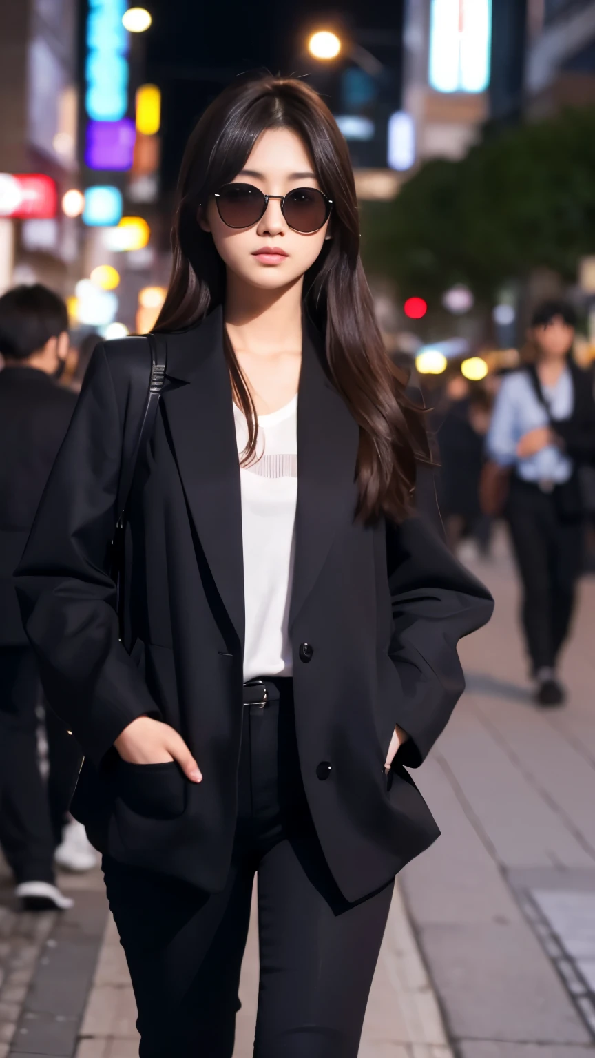 Best-quality, Masterpiece, Ultra-High-Resolution, (Photorealistic:1.4), Raw-Photo, 1girl, 18-years-old, the most famous Japanese actress, at midnight, walking at HIROSHIMA street, wearing extremely luxurious clothes and sunglasses with stylish-design, extremely beautiful face like the most popular Japanese actress, extremely beautiful hair, extremely beautiful lips, extremely beautiful skins, perfect proportion, detailed midnight, detailed HIROSHIMA-street, detailed luxurious-clothes