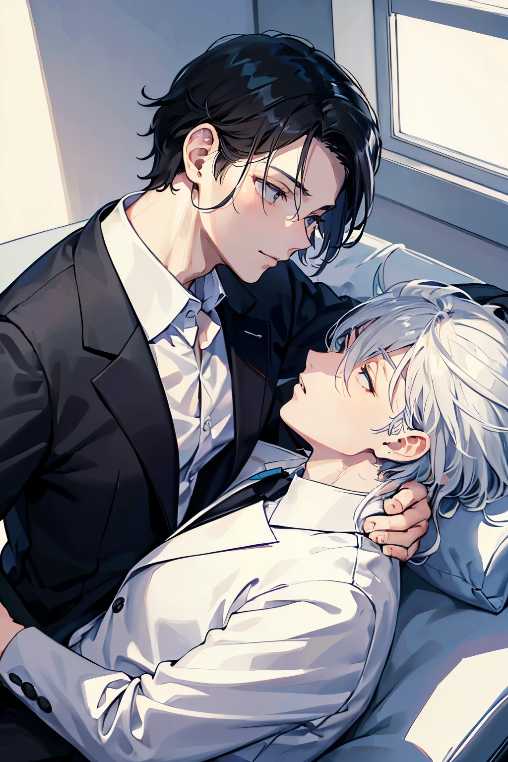 male、2人のmale、maleとmale、On the sofa、ソファで寝る2人のmale、Being pushed down、Expressionless、Embrace each other、Three white eyeale性、Short Hair、adult、2人のadult、大柄のmale、university student、adultのmale、大きなmale、suspicious、sex appeal、Exposed bare skin、Black clothes、suit、shirt、Press your body against each other、cold、straddle the body、dark、heavy、dark、simple