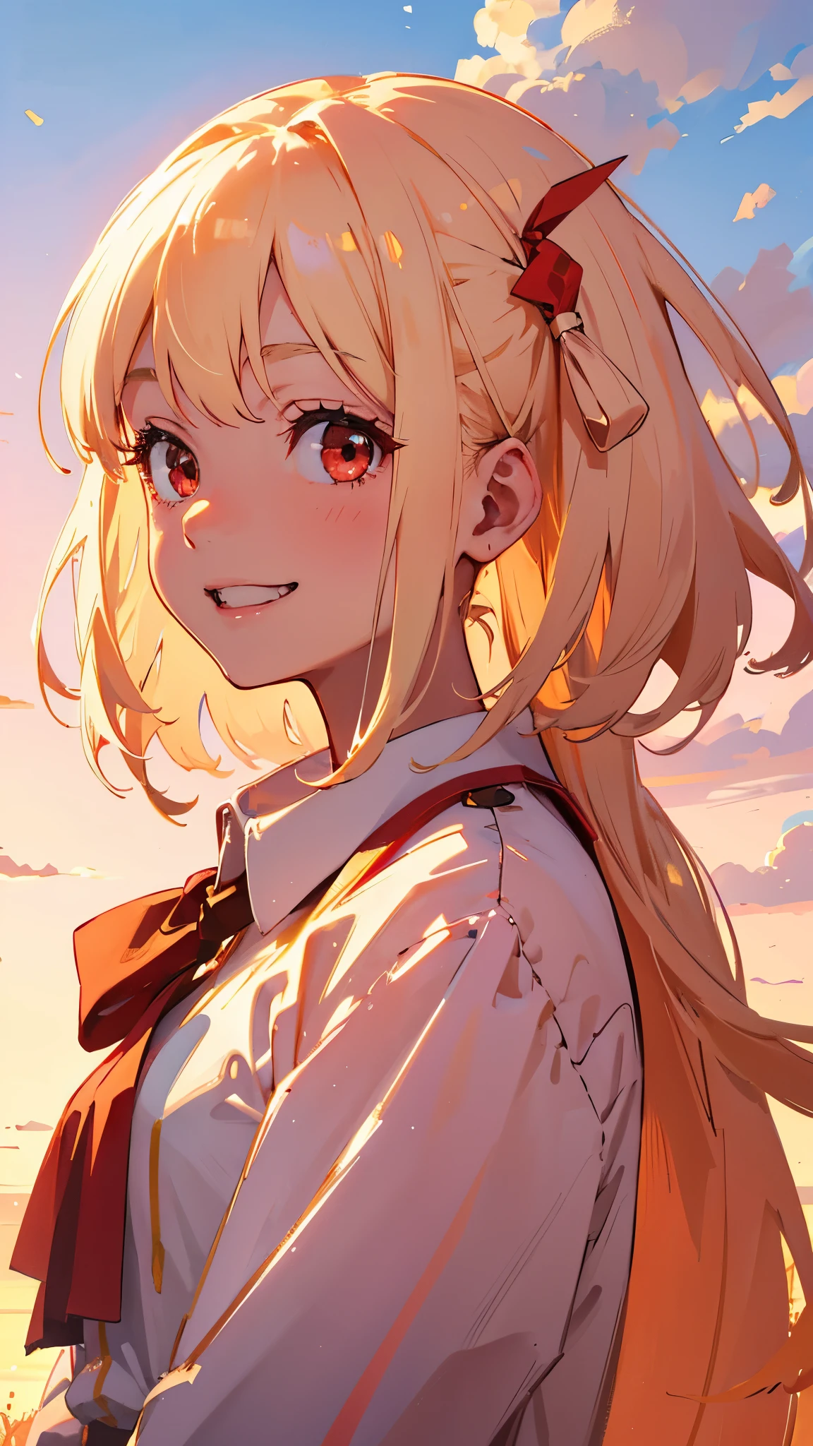 Upper body close-up、highest quality、cute、One Girl、alone、Blonde、Red eyes、Grin、From the side、Golden Hour Sky