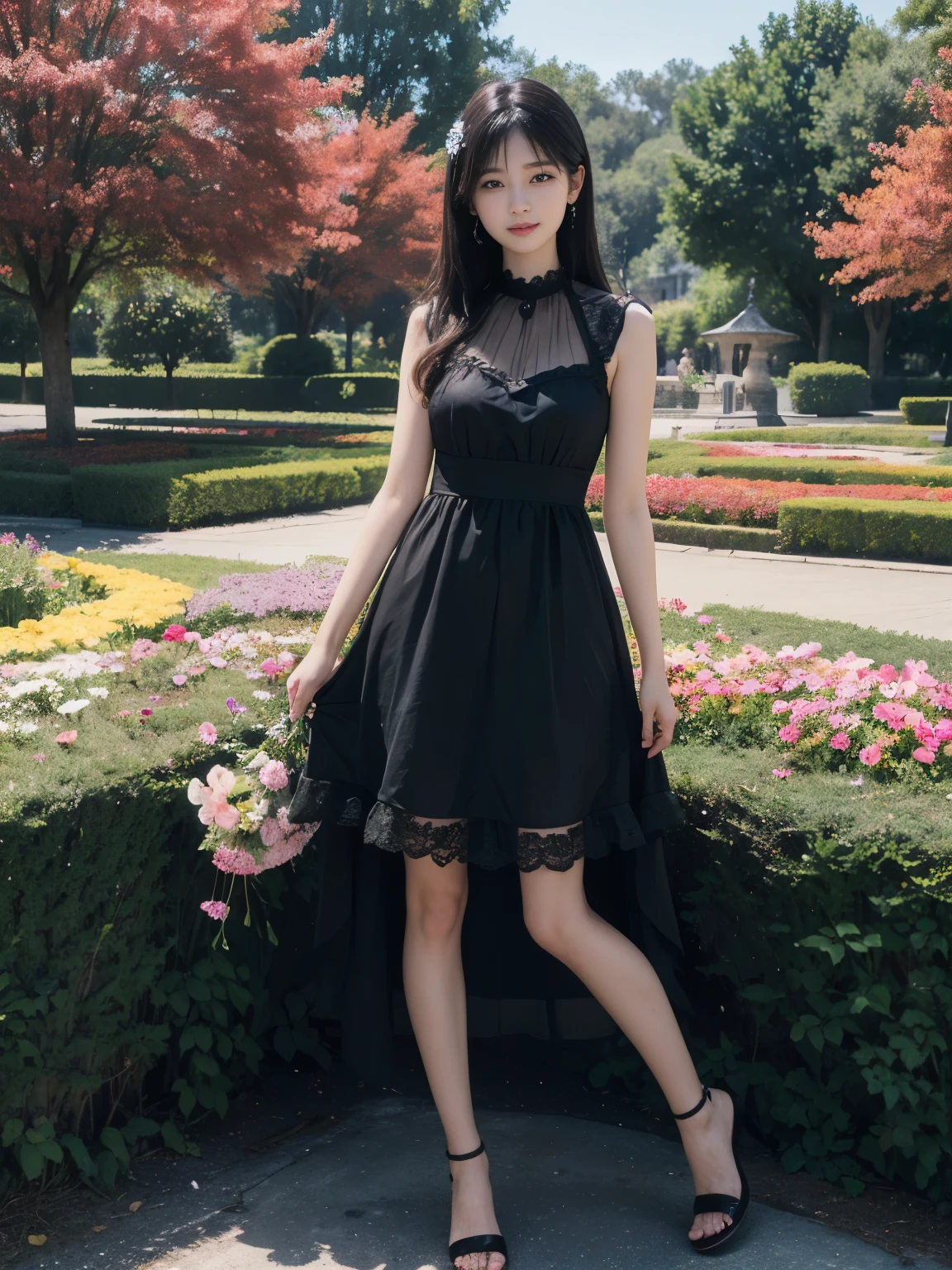 (ultra realistic) , (illustration), (increase resolution), (8K), (extremely detailed), (best illustration), (beautiful detailed eyes), (best quality), (ultra-detailed), (masterpiece), (wallpaper), (detailed face), solo,1 girl, looking at viewers, black straight hair, delicate details, in the dark, deep shadow, low key, pureerosfaceace_v1, happy smile, summer dress, full body, flower garden