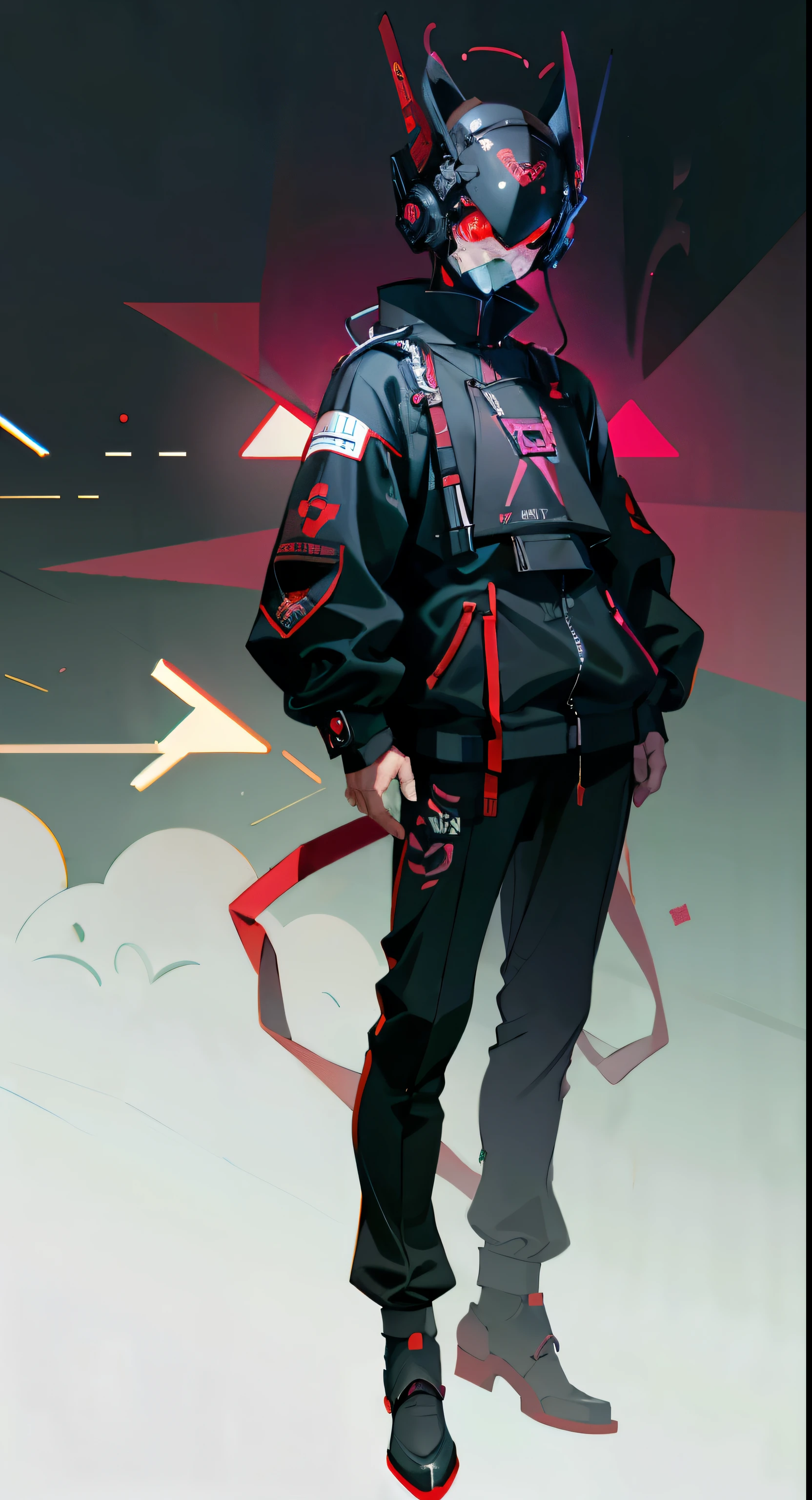 masterpiece, best quality, A close-up shot of a futuristic boy，China is black and impermanent，The traditional image of Hei Wuchang，Tradition meets modernity，Chinese style，Wearing a fantastic cyber helmet，Red triangle LED light and halo on the helmet, Wearing a black Techwear jacket with &quot;Peace in the World&quot; written on it, Full body white background