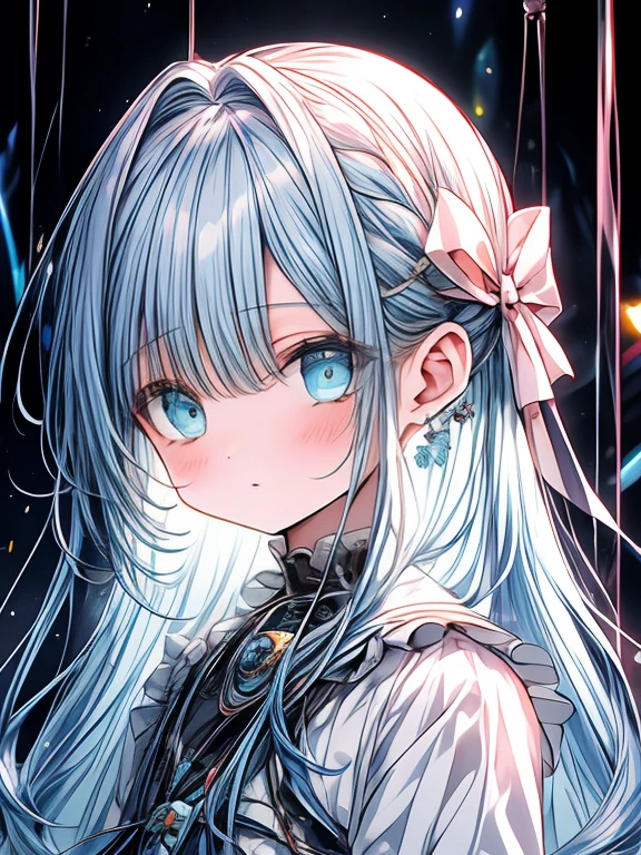 Masterpiece, best quality, extremely detailed, (illustration, official art: 1.1), (((((1 girl))))), ((light blue long hair))), light blue hair, , ((blush)), cute face, big eyes, tareme, masterpiece, best quality, ((a very delicate and beautiful girl)))), , girl,amazing, beautiful detailed eyes, blunt bangs (((little delicate girl)))), tareme (true beautiful: 1.2),, and sweet,(Composition looking up from a low position)、,1girl,,
,White trench coat with black hard vest armor,A tactical belt hangs a black pocket,Black slim trousers with leggings,
(((High quality))), (((Ultra-detailed))), ((half body Shot)), a with teddy bear, ((blue Glowing eyes)), ((looking distantly)), ((Light is illuminating the head)),, Inside an abandoned house, ((Sunlight shines through a broken window in the background)), (((psychedelic lights flit around the ruined abandoned room))),, flooded basement, rotten basement, moldy dark basement, broken, and you're starting to understand my timid self.