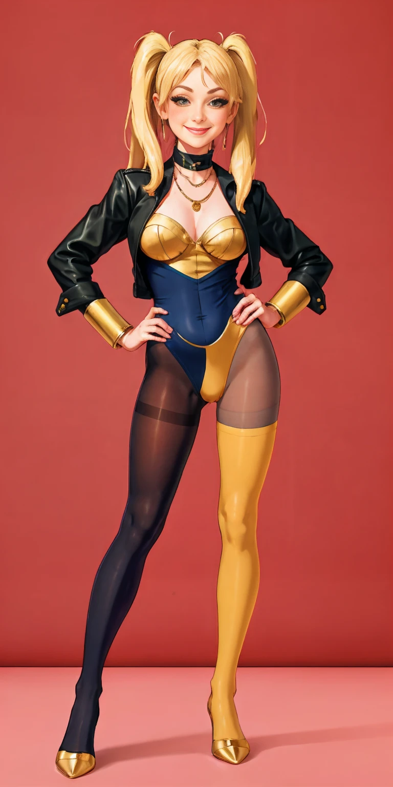 1solo Milf full body standing straight symmetrical, looking at viewer, hands on hips, twin drills twin tails, striped pantyhose, golden handcuffs on their hands with a black leather collar around the golden heart necklace, hands on hips, lustful smirking smile face red blushed