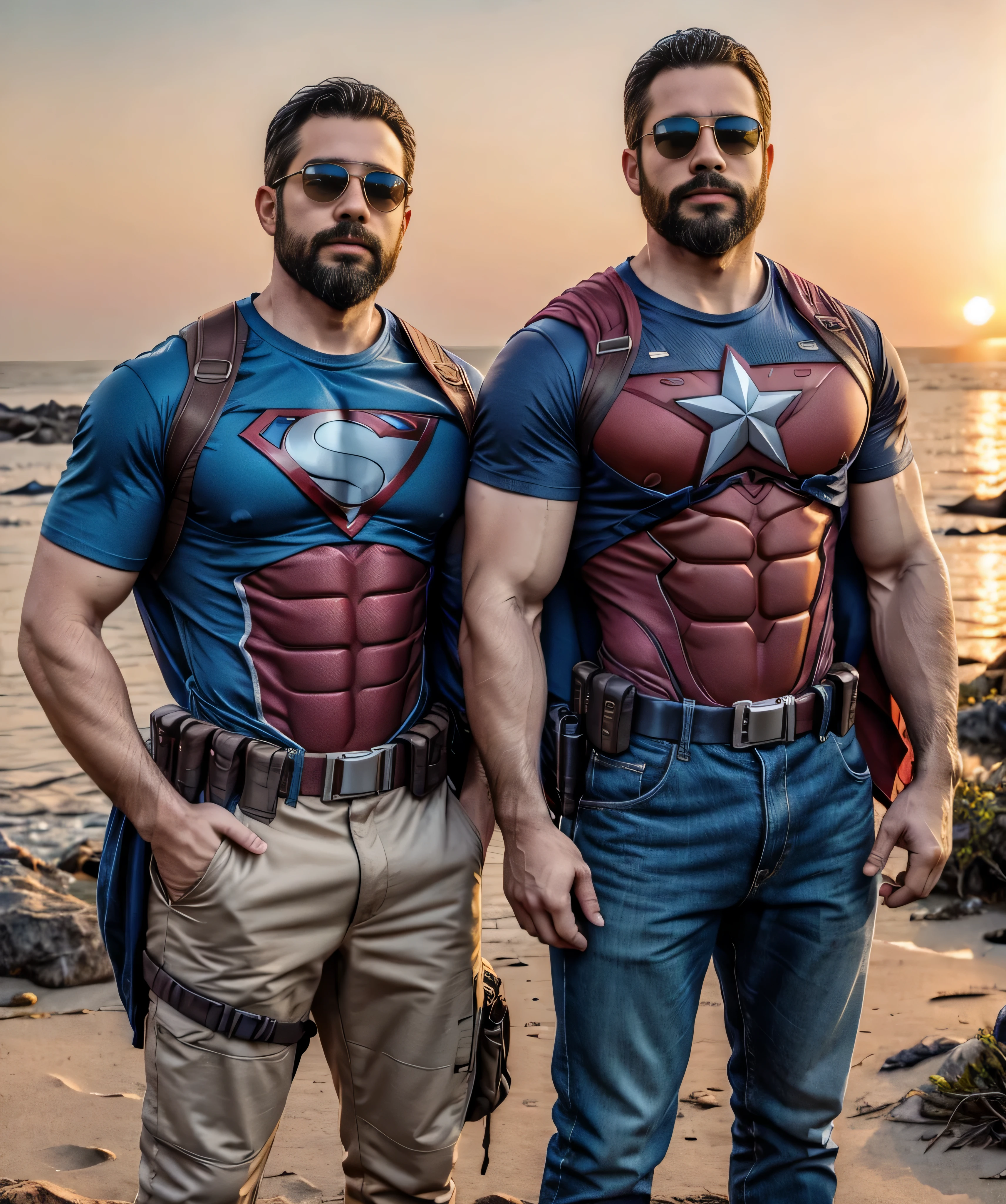 Obra maestra, desenfoque de campo, Parte superior del cuerpo, Hands in pants pockets , Two 38 year old men with beards and square sunglasses... Men dressed in a superhero shirt at an action movie in Japan with a sunset in the background.