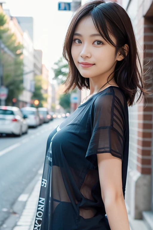 ((from side)),sheer and see throw Tshirts,(long oversized Tshirts:1.3),flare short sleeves,wide neckline,(full body shot),hand up,city street,walking,cute girl,denim short pants,(8k, RAW photo:1.2),detailed face and eyes,best quality, highly detailed ,intricate detail ,masterpiece ,ultra-detailed, hyperdetail,sharp focus,high quality,smiling