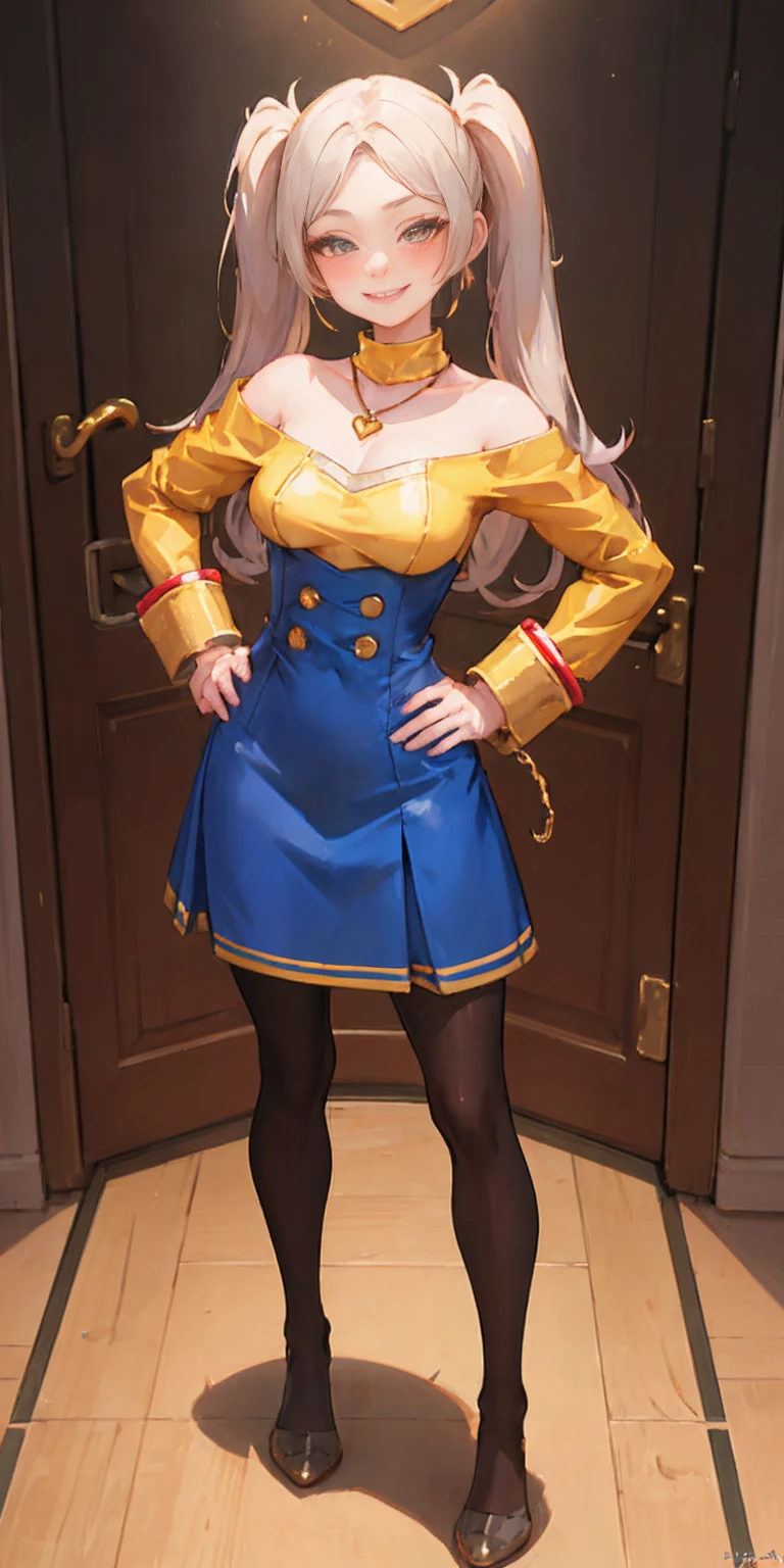 1solo Milf full body standing straight symmetrical, looking at viewer, hands on hips, twin drills twin tails, striped pantyhose, golden handcuffs on their hands with a black leather collar around the golden heart necklace, hands on hips, lustful smirking smile face red blushed