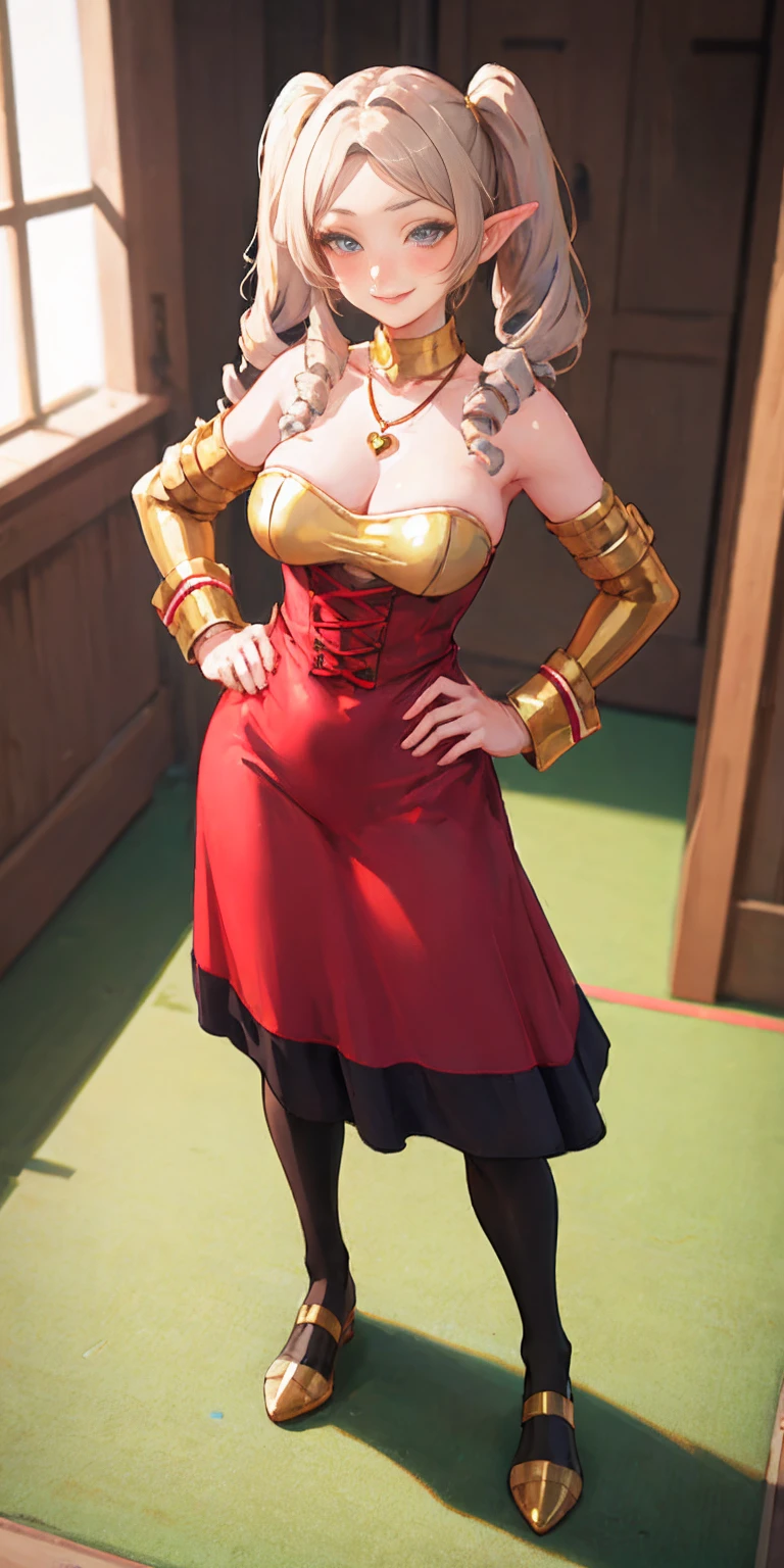 1solo Milf full body standing straight symmetrical, looking at viewer, hands on hips, twin drills twin tails, striped pantyhose, golden handcuffs on their hands with a black leather collar around the golden heart necklace, hands on hips, lustful smirking smile face red blushed