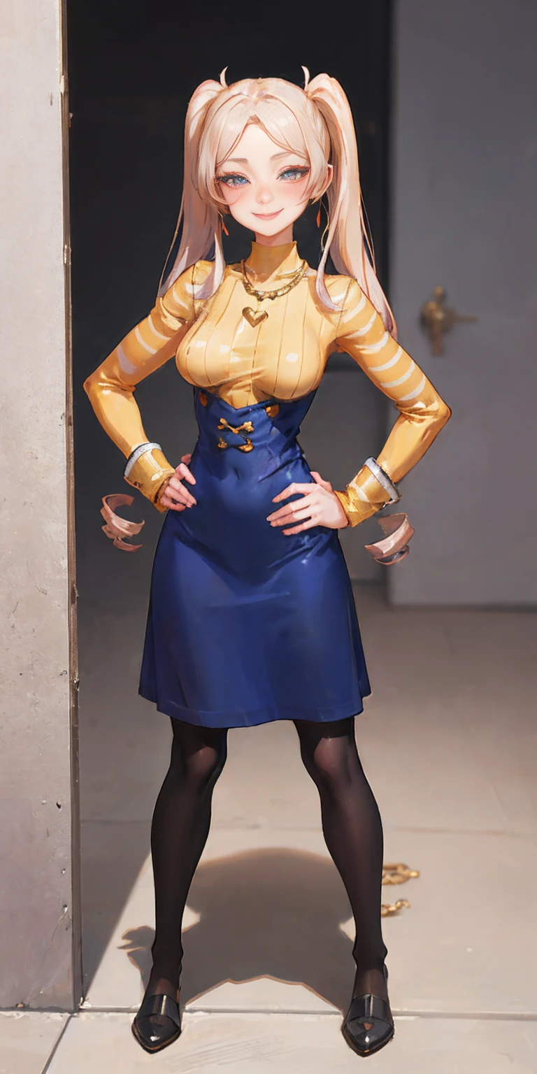 1solo Milf full body standing straight symmetrical, looking at viewer, hands on hips, twin drills twin tails, striped pantyhose, golden handcuffs on their hands with a black leather collar around the golden heart necklace, hands on hips, lustful smirking smile face red blushed