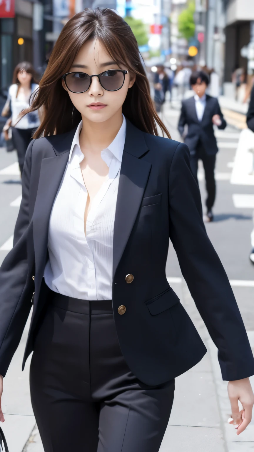 Best-quality, Masterpiece, Ultra-High-Resolution, (Photorealistic:1.4), Raw-Photo, 1girl, 18-years-old, the most famous Japanese actress, sunny-day, walking at HIROSHIMA street, wearing extremely luxurious businesssuit and sunglasses with stylish-design, extremely beautiful face like the most popular Japanese actress, extremely beautiful hair, extremely beautiful lips, extremely beautiful skins, perfect proportion, detailed sunny-day, detailed HIROSHIMA-street, detailed extremely-luxurious-business-suit