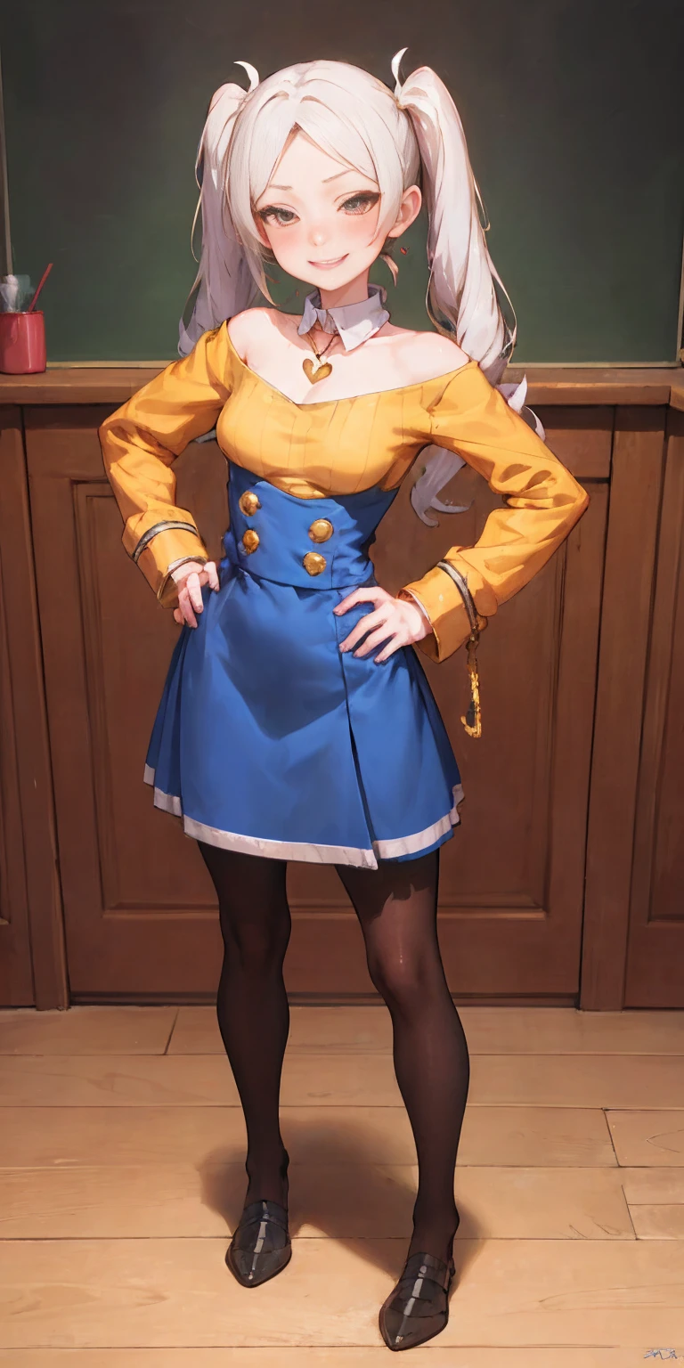 1solo Milf full body standing straight symmetrical, looking at viewer, hands on hips, twin drills twin tails, striped pantyhose, golden handcuffs on their hands with a black leather collar around the golden heart necklace, hands on hips, lustful smirking smile face red blushed