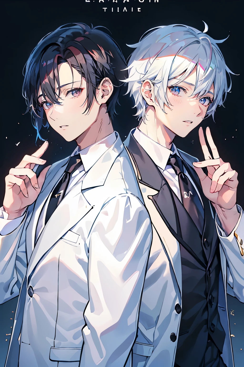 (Mastepiece), (Best Quality), Very detailed, ((Two friendly men)), Perfect Face, Beautiful Face, Very detailed顔,(Black Haired Man:1.3),(Man with white hair:1.3),suit,shirt