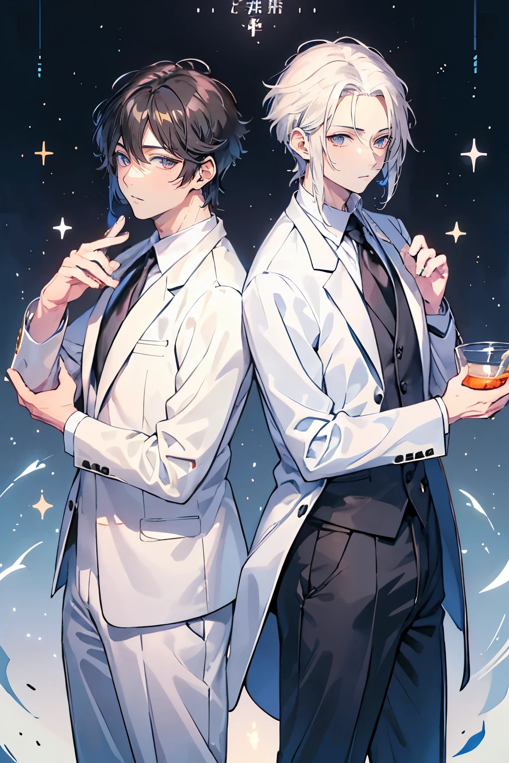 (Mastepiece), (Best Quality), Very detailed, ((Two friendly men)), Perfect Face, Beautiful Face, Very detailed顔,(Black Haired Man:1.3),(Man with white hair:1.3),suit,shirt